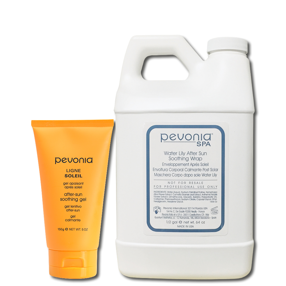 Pevonia Water Lily After Sun Soothing Wrap professional size with After-Sun Soothing Gel retail size duo image for cooling, calming, and hydrating sun-stressed skin.