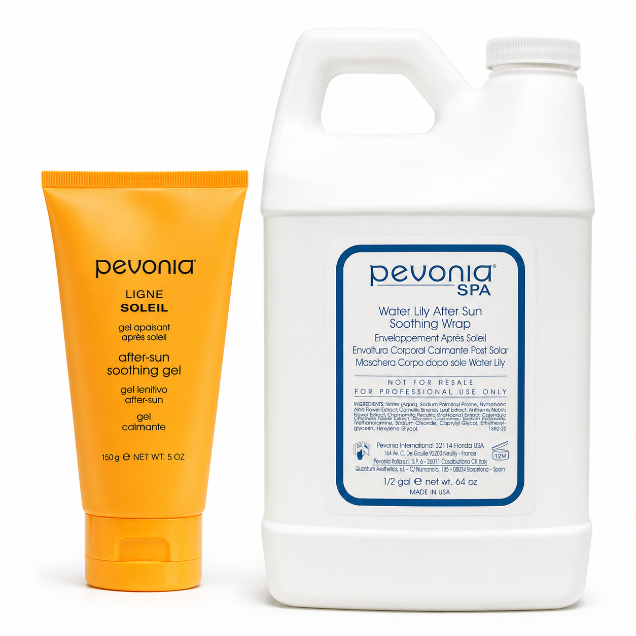 Pevonia Water Lily After Sun Soothing Wrap professional size with After-Sun Soothing Gel retail size duo image for cooling, calming, and hydrating sun-stressed skin.