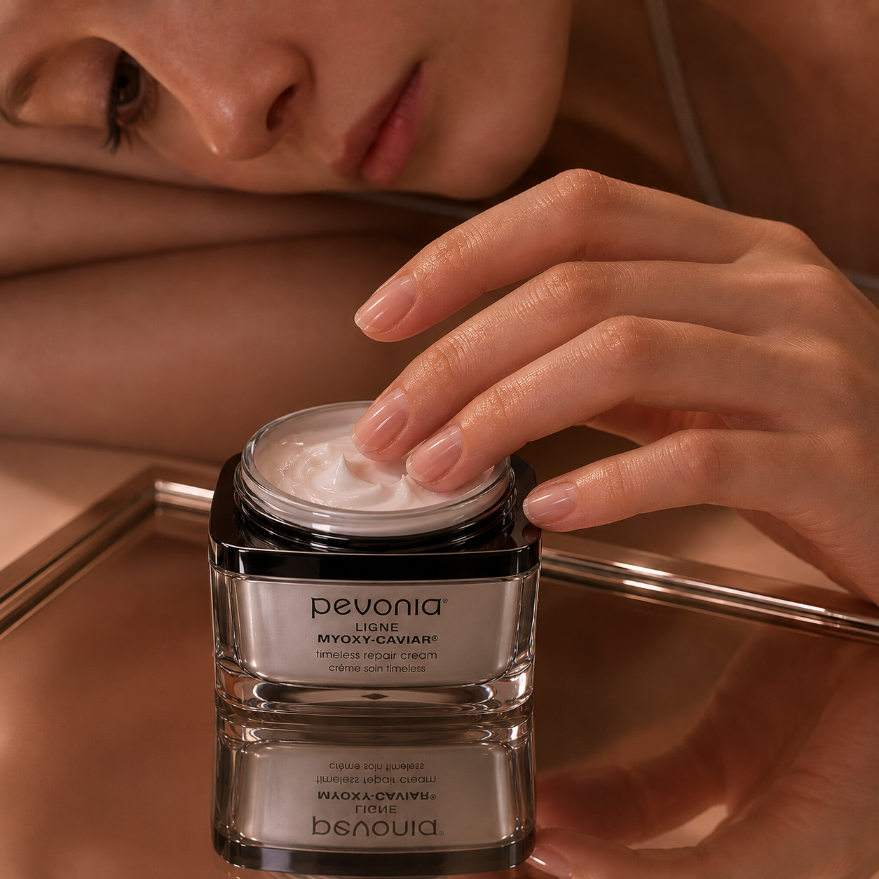 Person applying cream from a Pevonia jar with a neutral background