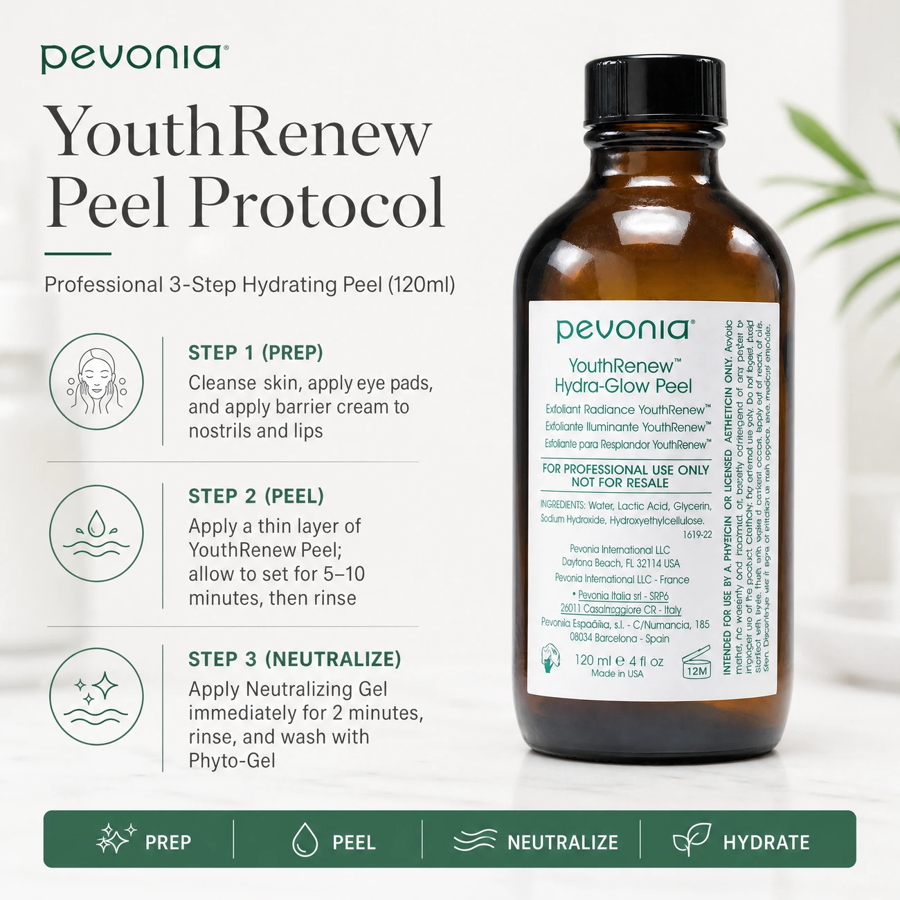 Pevonia YouthRenew Hydra-Glow Peel 120ml clinic-use education image detailing the professional 3-step Prep, Peel, and Neutralize backbar chemical peel protocol.