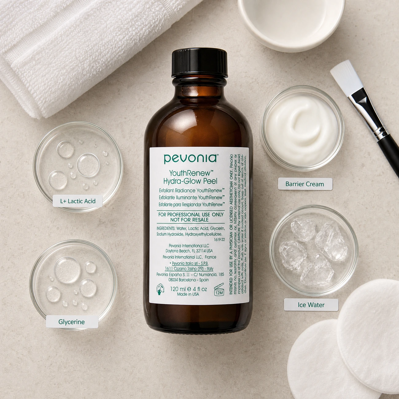 Pevonia YouthRenew Hydra-Glow Peel 120ml ingredients flatlay with L+ Lactic Acid, glycerine, barrier cream, and ice water in clean glass petri dishes for professional B2B education.