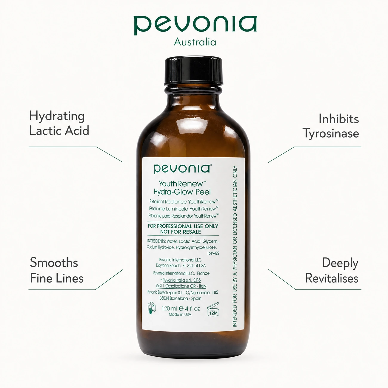 Pevonia YouthRenew Hydra-Glow Peel 120ml benefit callout image highlighting hydrating Lactic Acid resurfacing, Tyrosinase inhibition, fine line smoothing, and skin revitalisation.