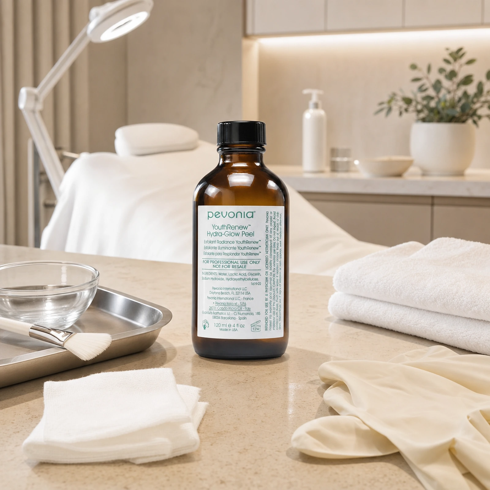 Pevonia YouthRenew Hydra-Glow Peel 120ml bottle displayed in an upmarket clinic treatment room with skin peel preparation accessories, gauze and a therapist trolley.