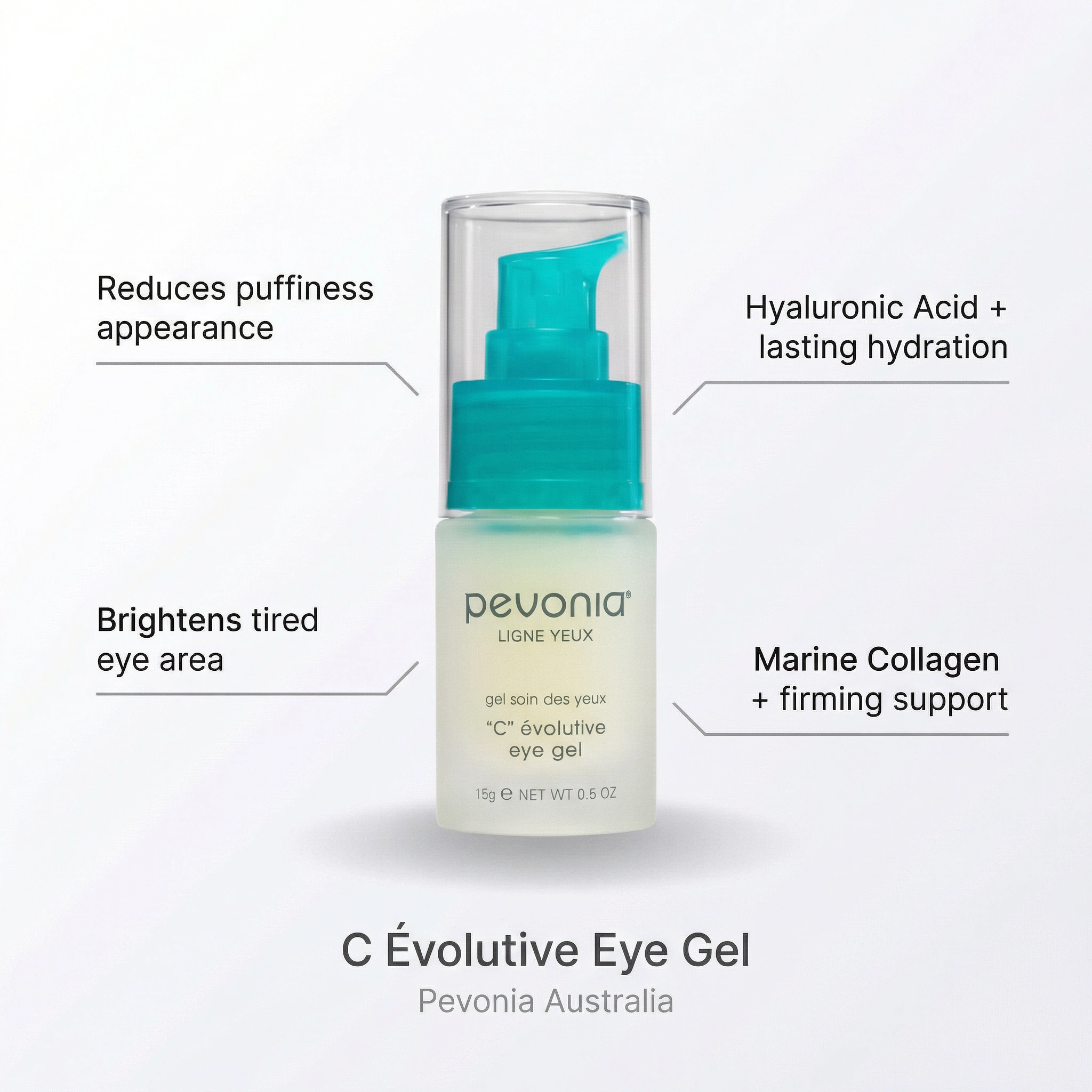 Pevonia C Évolutive Eye Gel bottle with text highlighting benefits on a white background
