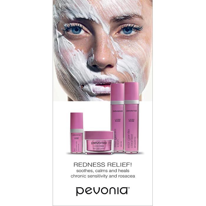 A hanging banner featuring a close-up of a person's face with skincare product masks on, alongside images of skincare bottles and 'Pevonia' branding.