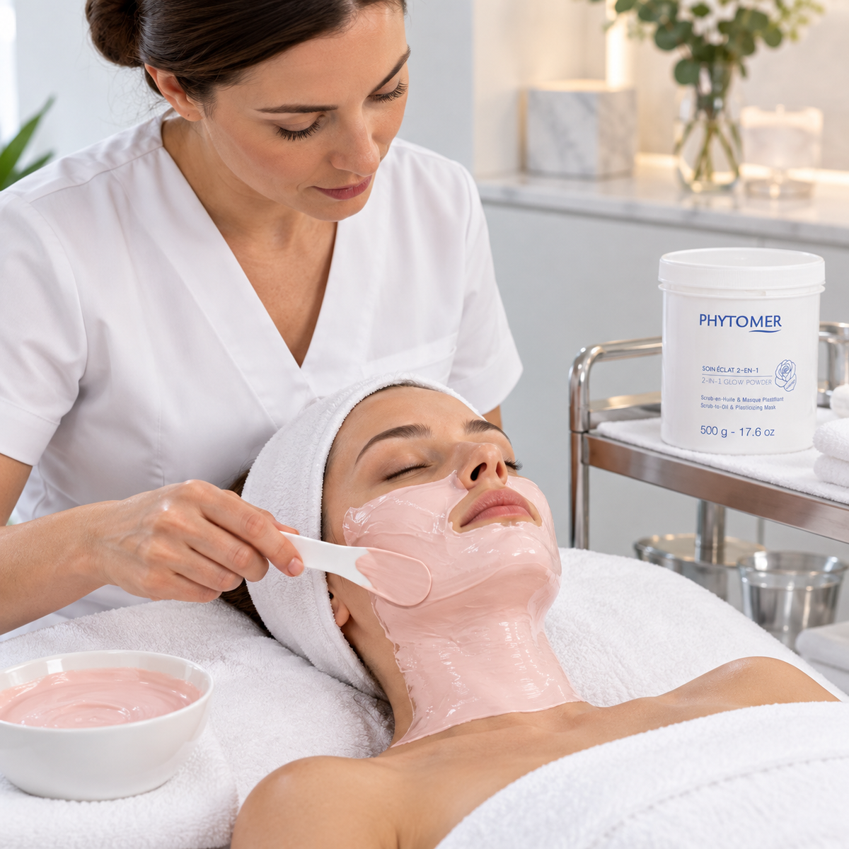 Therapist applying a PHYTOMER plasticizing facial mask with 2-in-1 Glow Powder 500g in the treatment room