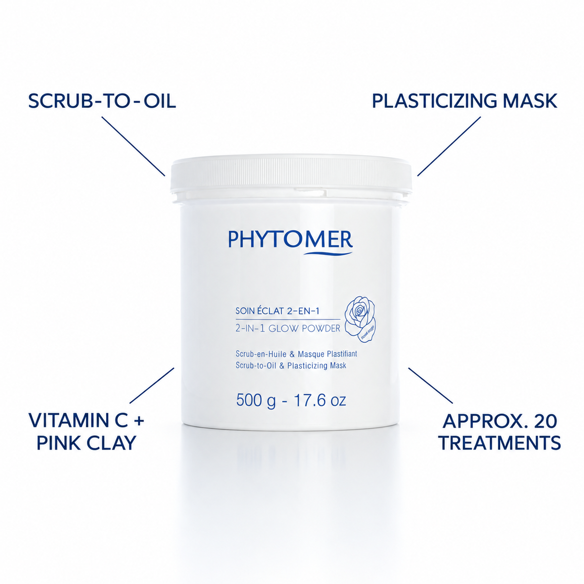 PHYTOMER 2-in-1 Glow Powder 500g with professional benefits for scrub-to-oil and plasticizing mask use