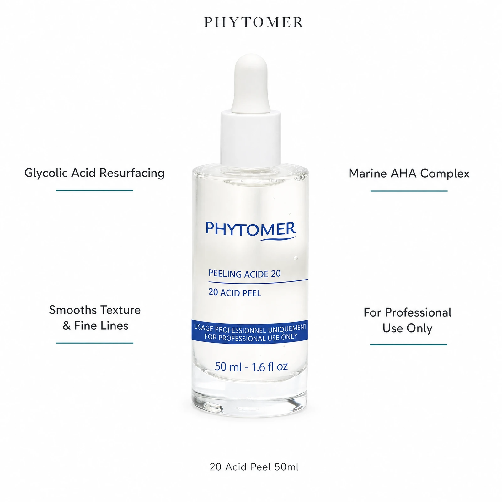 Phytomer 20 Acid Peel 50ml with four professional benefit callouts: Glycolic Acid Resurfacing, Smooths Texture and Fine Lines, Marine AHA Complex, For Professional Use Only