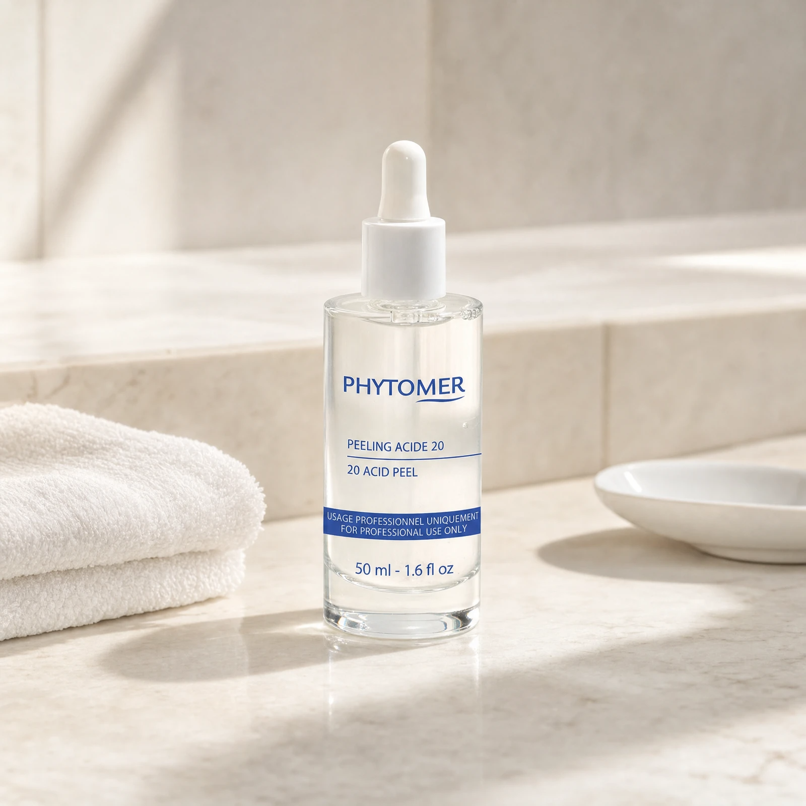 Phytomer 20 Acid Peel 50ml professional dropper bottle on a premium medi-clinic marble counter with white clinical towels and ceramic dish