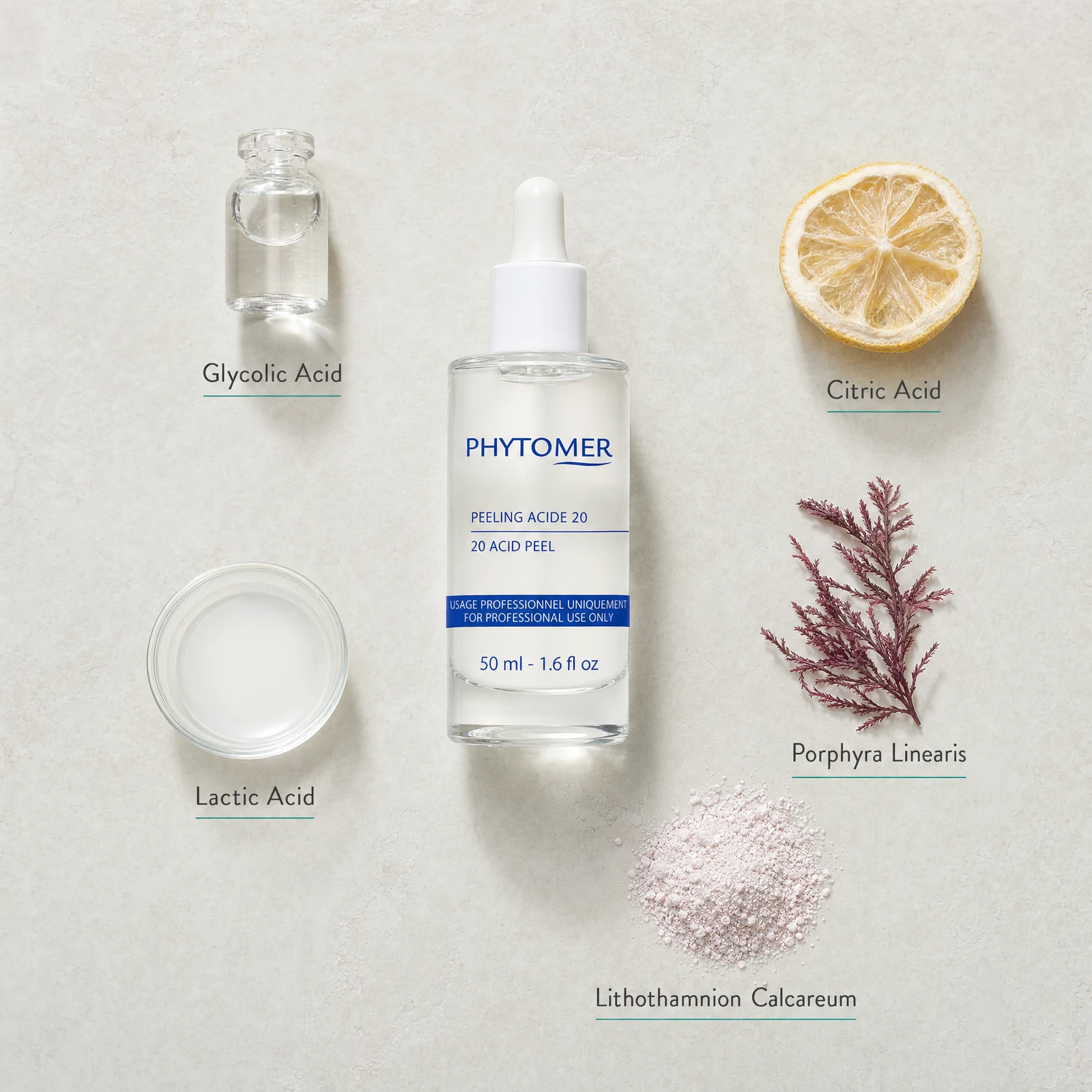 Phytomer 20 Acid Peel 50ml flatlay with key ingredients including Glycolic Acid, Lactic Acid, Citric Acid, Porphyra Linearis red algae and Lithothamnion Calcareum
