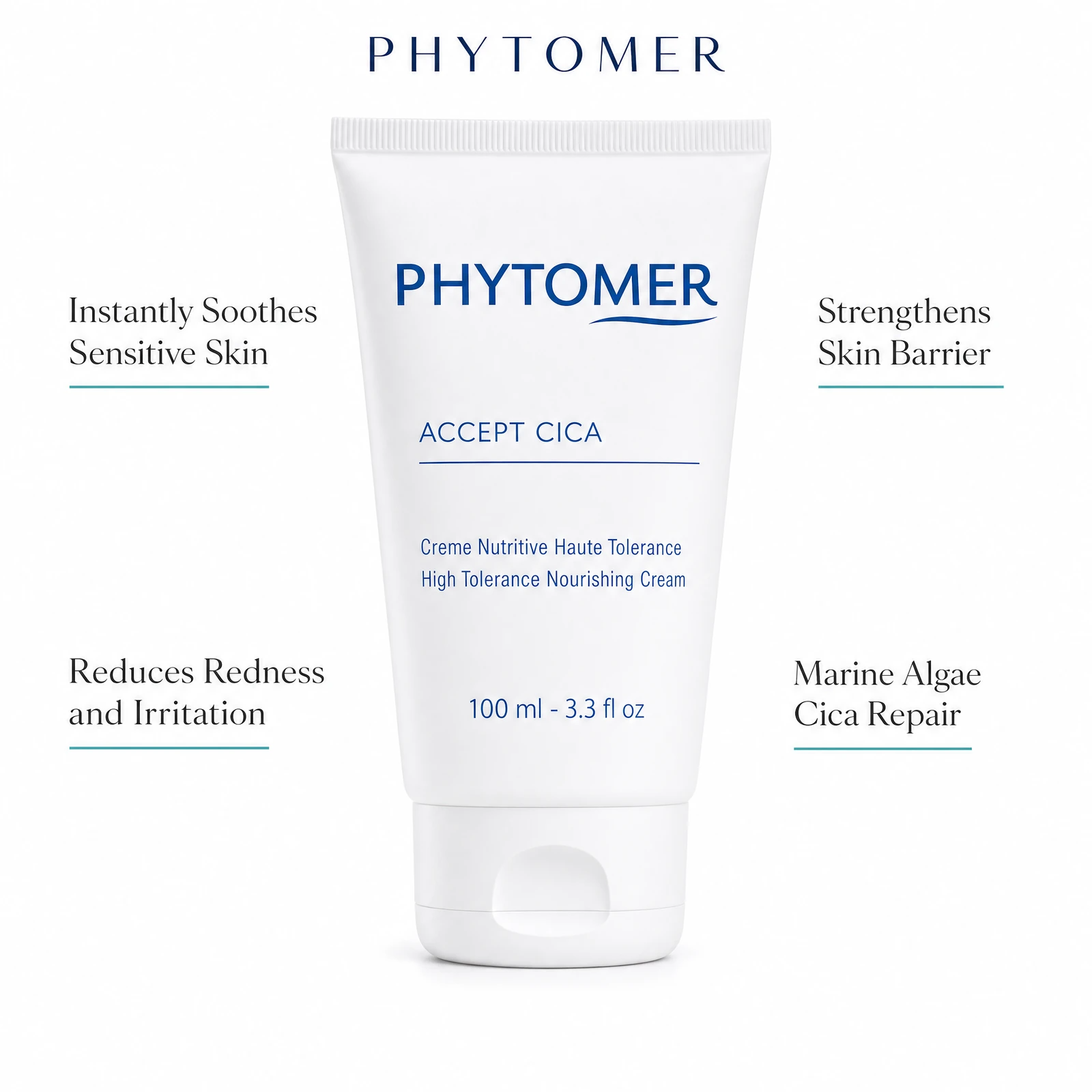Phytomer Accept Cica High Tolerance Nourishing Cream 100ml with four benefit callouts: Instantly Soothes Sensitive Skin, Reduces Redness and Irritation, Strengthens Skin Barrier, Marine Algae Cica Repair