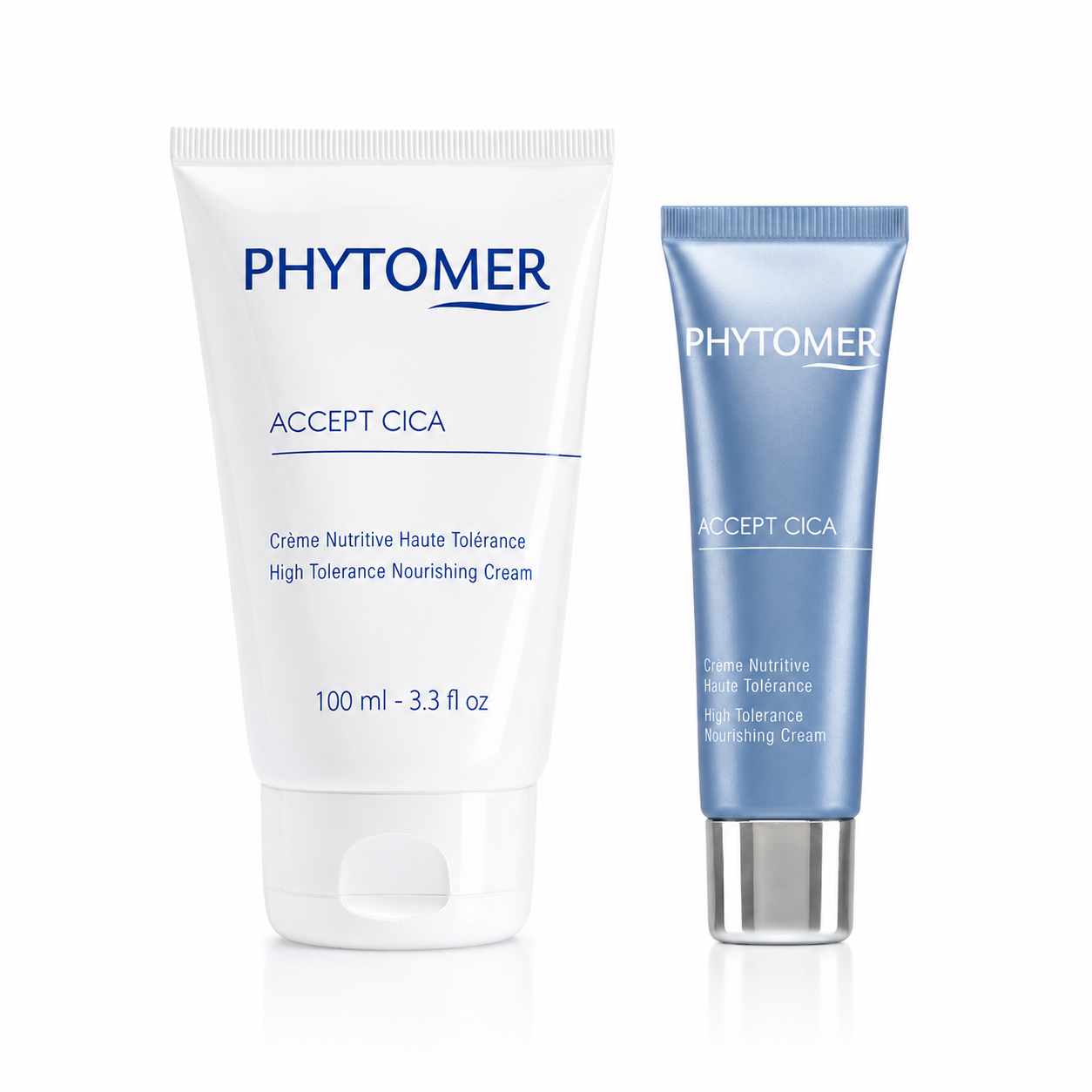PHYTOMER Accept Cica High Tolerance Nourishing Cream professional 100ml tube and retail 50ml tube displayed together on a white background.