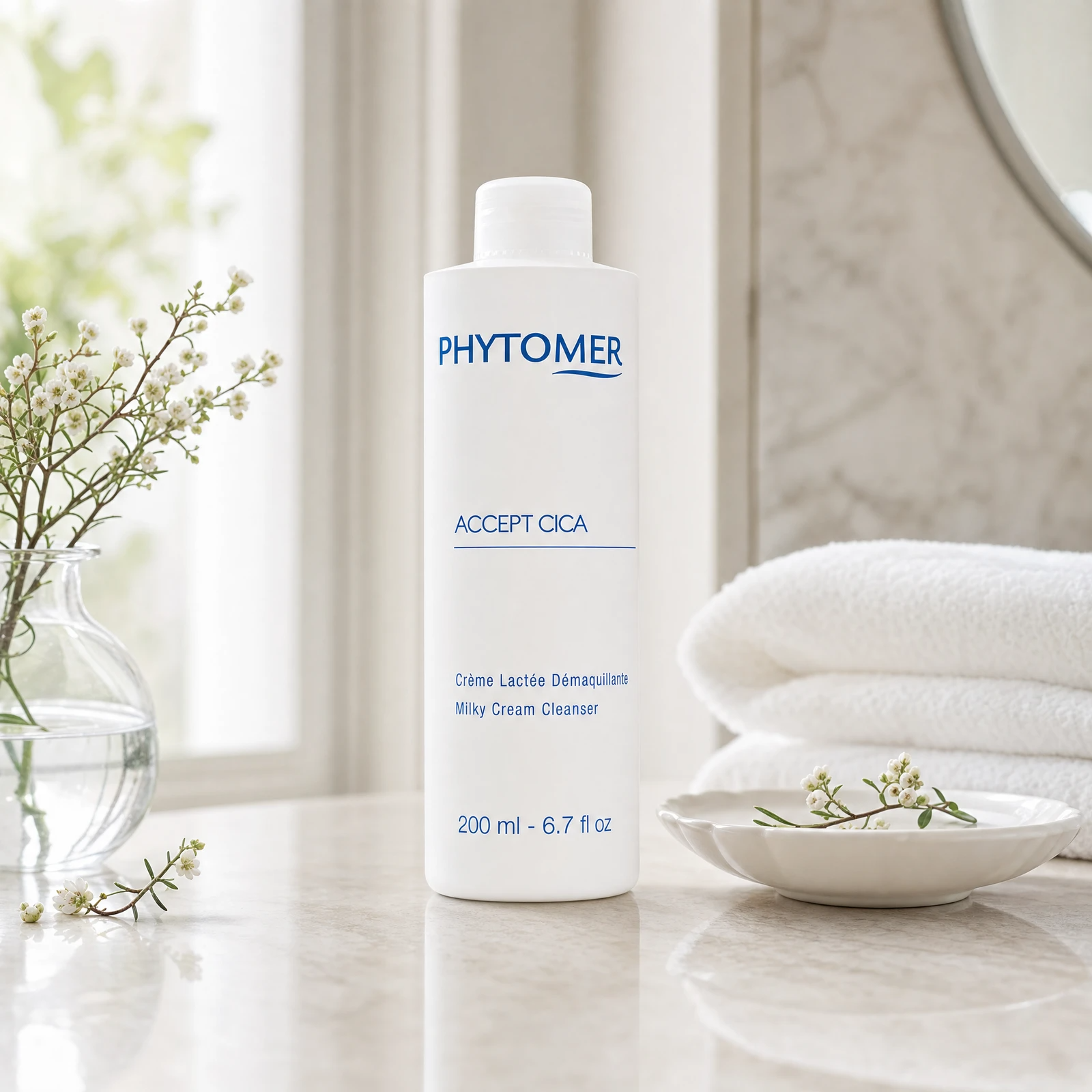 Phytomer Accept Cica Milky Cream Cleanser 200ml on a marble bathroom vanity with glass vessel, white botanicals, ceramic dish and white towels, premium at-home skincare setting