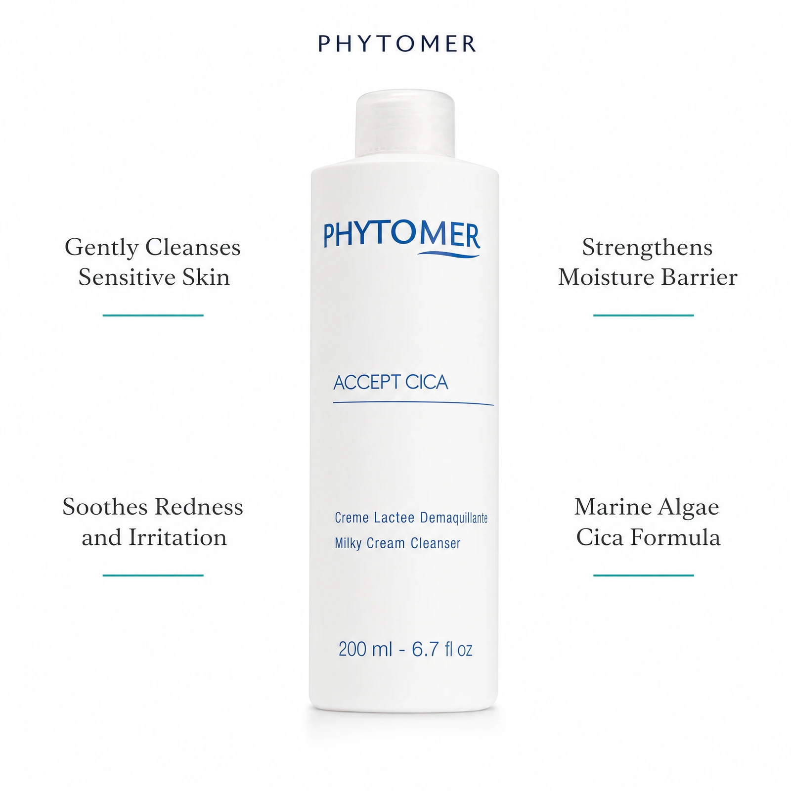 Phytomer Accept Cica Milky Cream Cleanser 200ml with four benefit callouts: Gently Cleanses Sensitive Skin, Soothes Redness and Irritation, Strengthens Moisture Barrier, Marine Algae Cica Formula