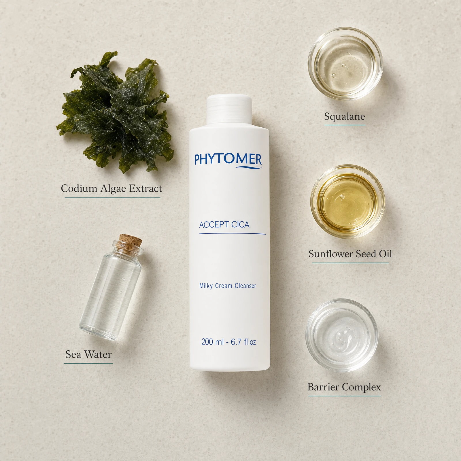 Phytomer Accept Cica Milky Cream Cleanser 200ml flatlay on limestone surface with Codium Algae Extract, Squalane, Sunflower Seed Oil, Sea Water, and Barrier Complex
