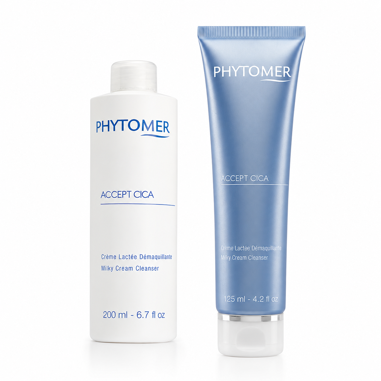 Phytomer Accept Cica Milky Cream Cleanser duo showing the 200ml professional bottle alongside the 125ml retail tube on a clean white background.