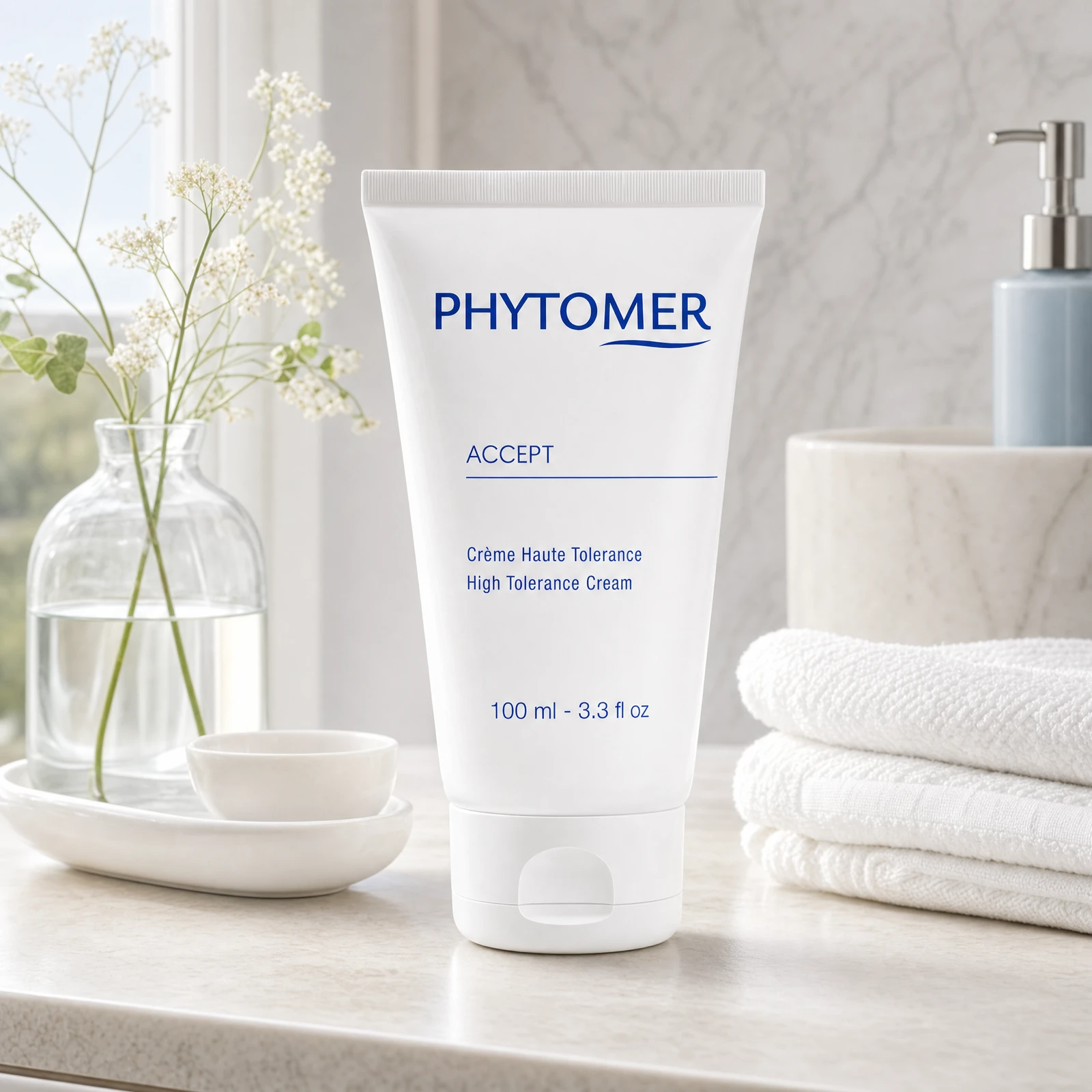 Phytomer Accept High Tolerance Cream 100ml on a marble bathroom vanity with white botanicals in glass vessel, white towels and ceramic dish, premium at-home skincare setting
