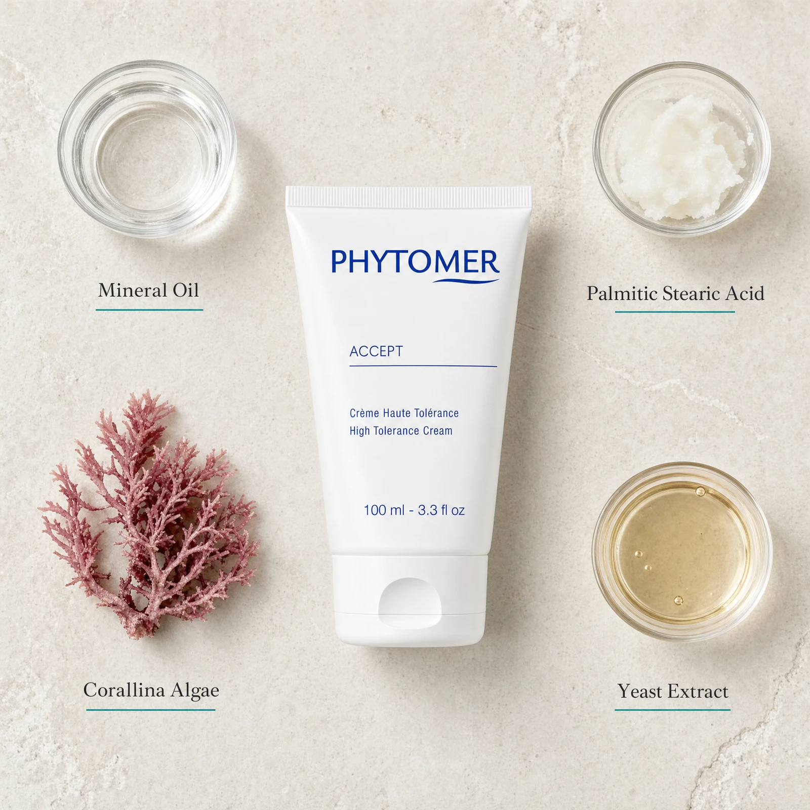 Phytomer Accept High Tolerance Cream 100ml flatlay on limestone surface with Mineral Oil, Palmitic Stearic Acid, Corallina Algae, and Yeast Extract