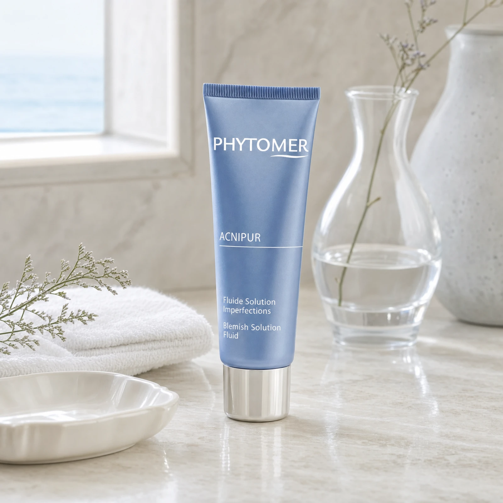 Phytomer Acnipur Blemish Solution Fluid 50ml on a marble bathroom vanity with glass vessel, botanical, white towels and ceramic dish, premium at-home skincare setting