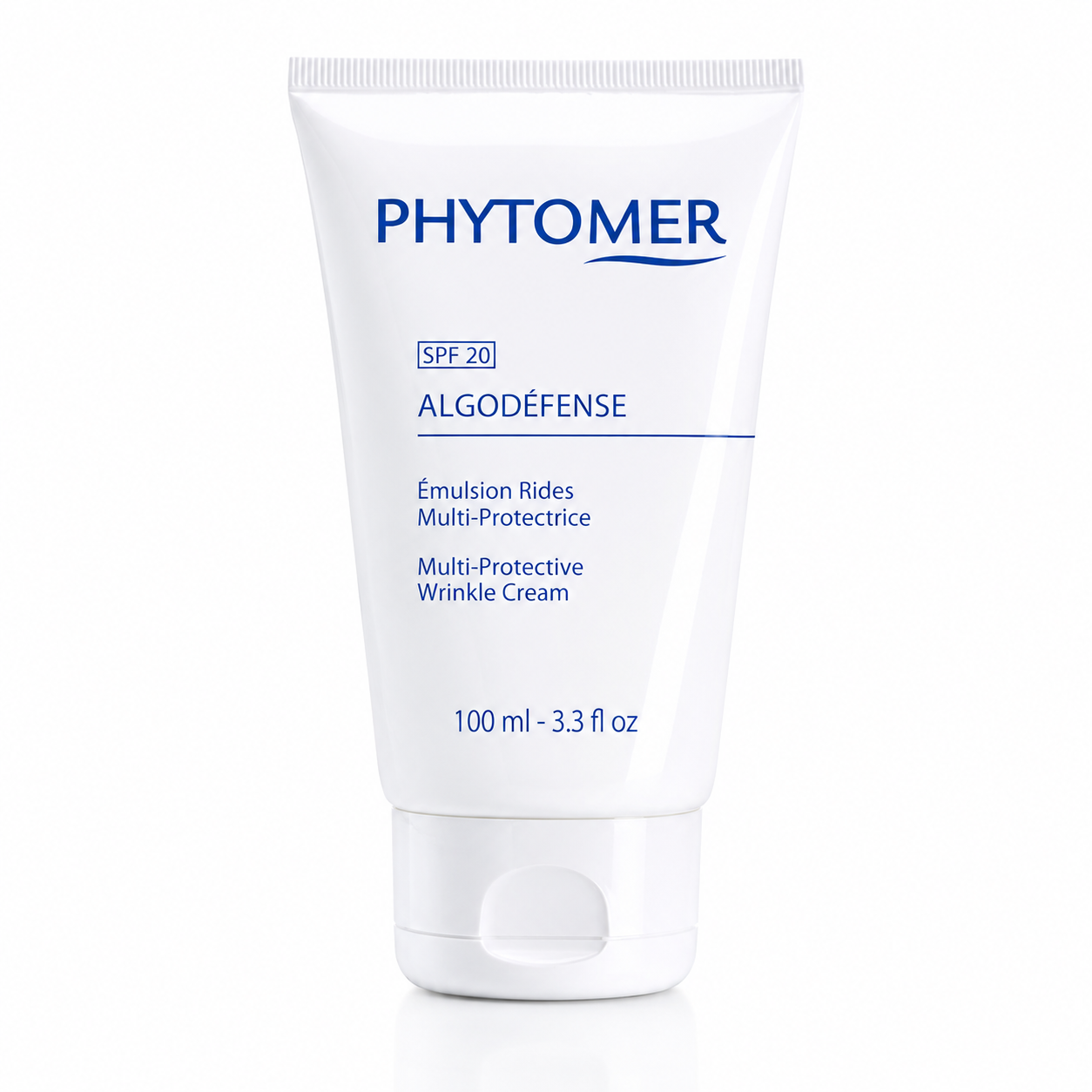 A tube of Phytomer Algodefense SPF20 multi-protective wrinkle cream 100ml on a white background