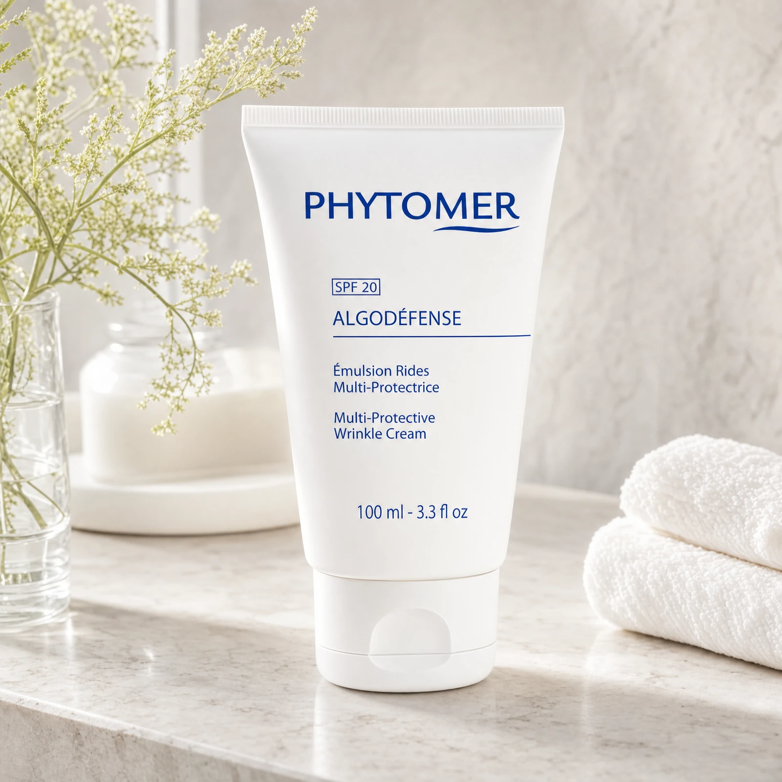 Phytomer Algodefense SPF20 Multi-Protective Wrinkle Cream 100ml on a marble bathroom vanity with glass vessel, botanical, white towels and ceramic tray, premium at-home skincare setting
