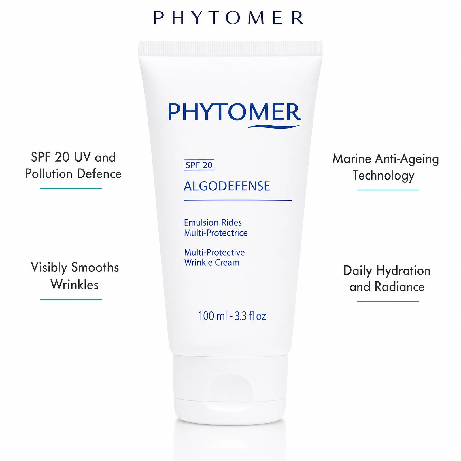 Phytomer Algodefense SPF20 Multi-Protective Wrinkle Cream 100ml with four benefit callouts: SPF 20 UV and Pollution Defence, Visibly Smooths Wrinkles, Marine Anti-Ageing Technology, Daily Hydration and Radiance
