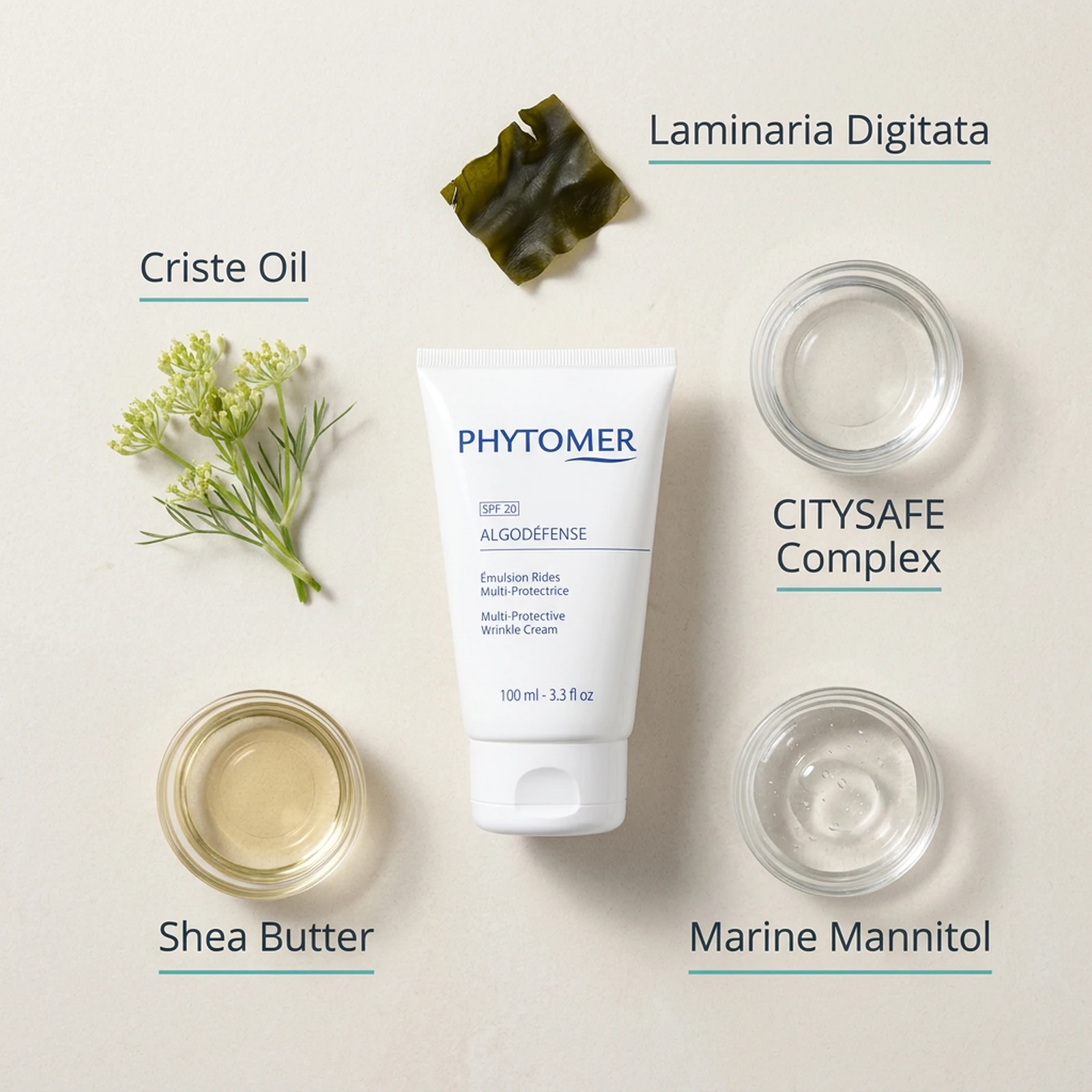 Phytomer Algodefense SPF20 Multi-Protective Wrinkle Cream 100ml flatlay on limestone surface with Criste Oil, Laminaria Digitata, CITYSAFE Complex, Shea Butter, and Marine Mannitol