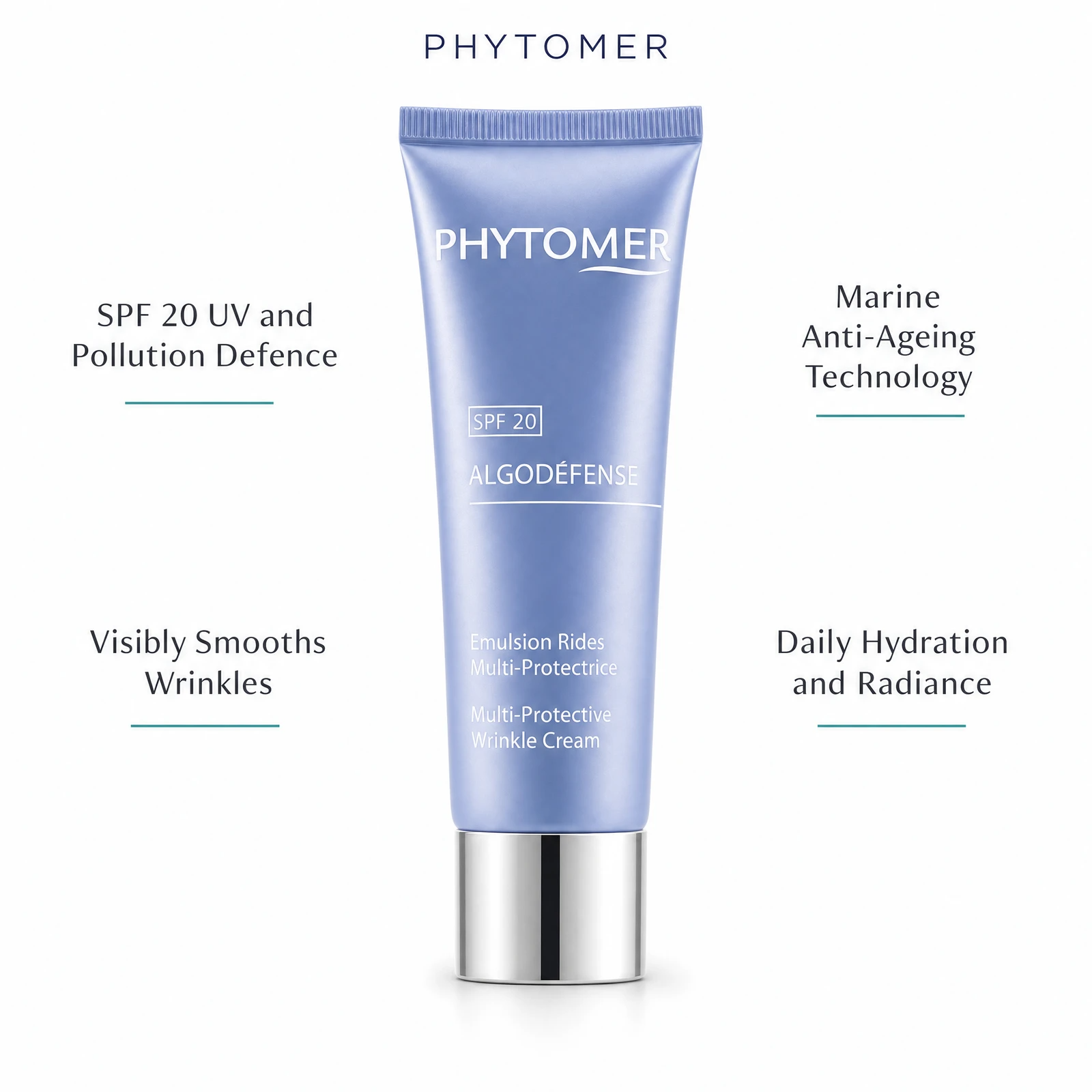 Phytomer Algodefense SPF20 Multi-Protective Wrinkle Cream 50ml with four benefit callouts: SPF 20 UV and Pollution Defence, Visibly Smooths Wrinkles, Marine Anti-Ageing Technology, Daily Hydration and Radiance