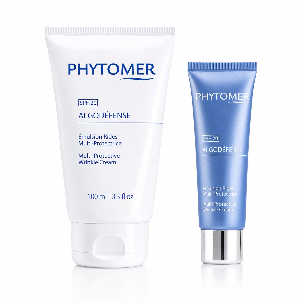 PHYTOMER Algodéfense SPF20 Multi-Protective Wrinkle Cream professional 100ml tube and retail 50ml tube displayed together on a white background.