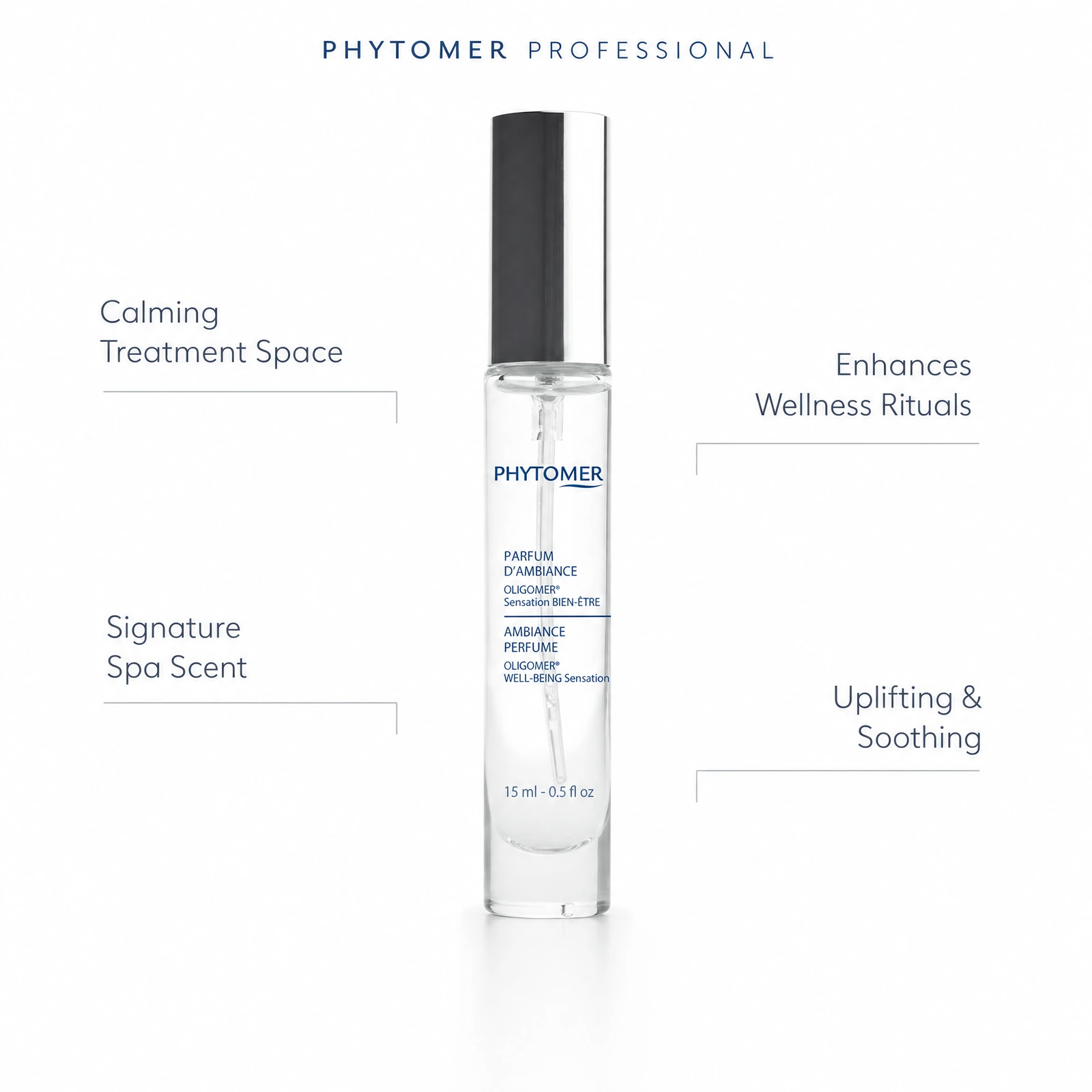 Phytomer Ambiance Perfume OLIGOMER Well-Being Sensation 15ml professional spa ambiance perfume benefit callout image for calming treatment spaces and signature scent rituals.