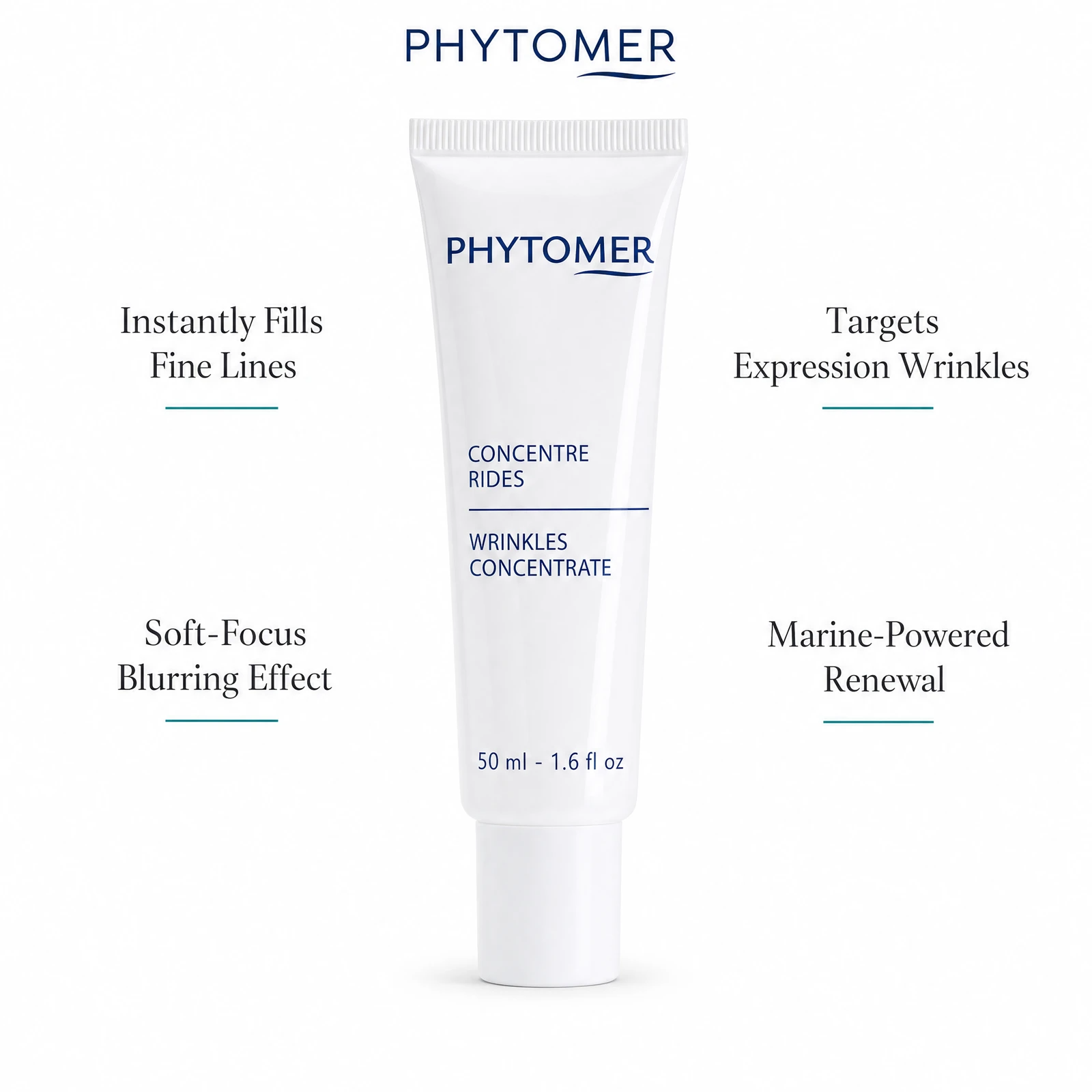 Phytomer Anti-Wrinkles Concentrate 50ml with four benefit callouts: Instantly Fills Fine Lines, Soft-Focus Blurring Effect, Targets Expression Wrinkles, Marine-Powered Renewal