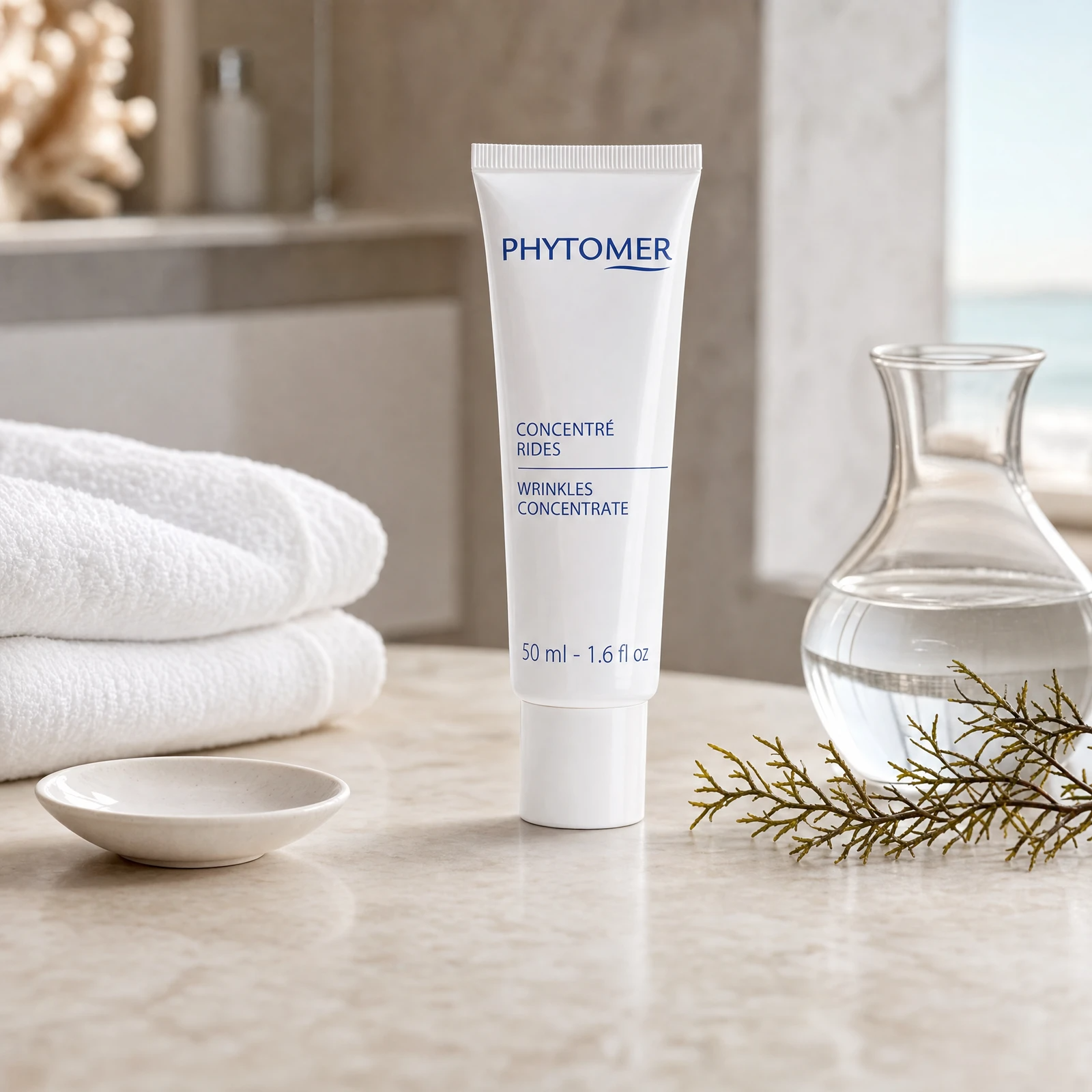 Phytomer Anti-Wrinkles Concentrate 50ml on a marble spa treatment counter with white towels, ceramic dish and glass vessel, professional clinic setting