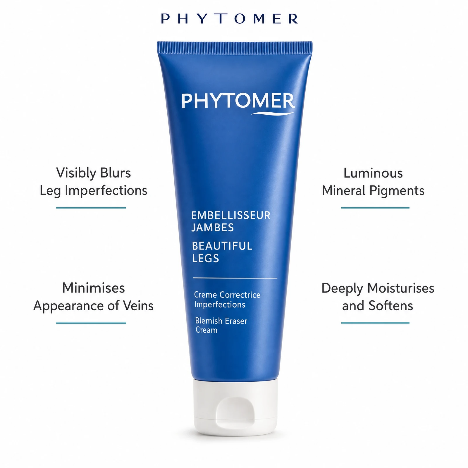 Phytomer Beautiful Legs Blemish Eraser Cream 150ml with four benefit callouts: Visibly Blurs Leg Imperfections, Minimises Appearance of Veins, Luminous Mineral Pigments, Deeply Moisturises and Softens