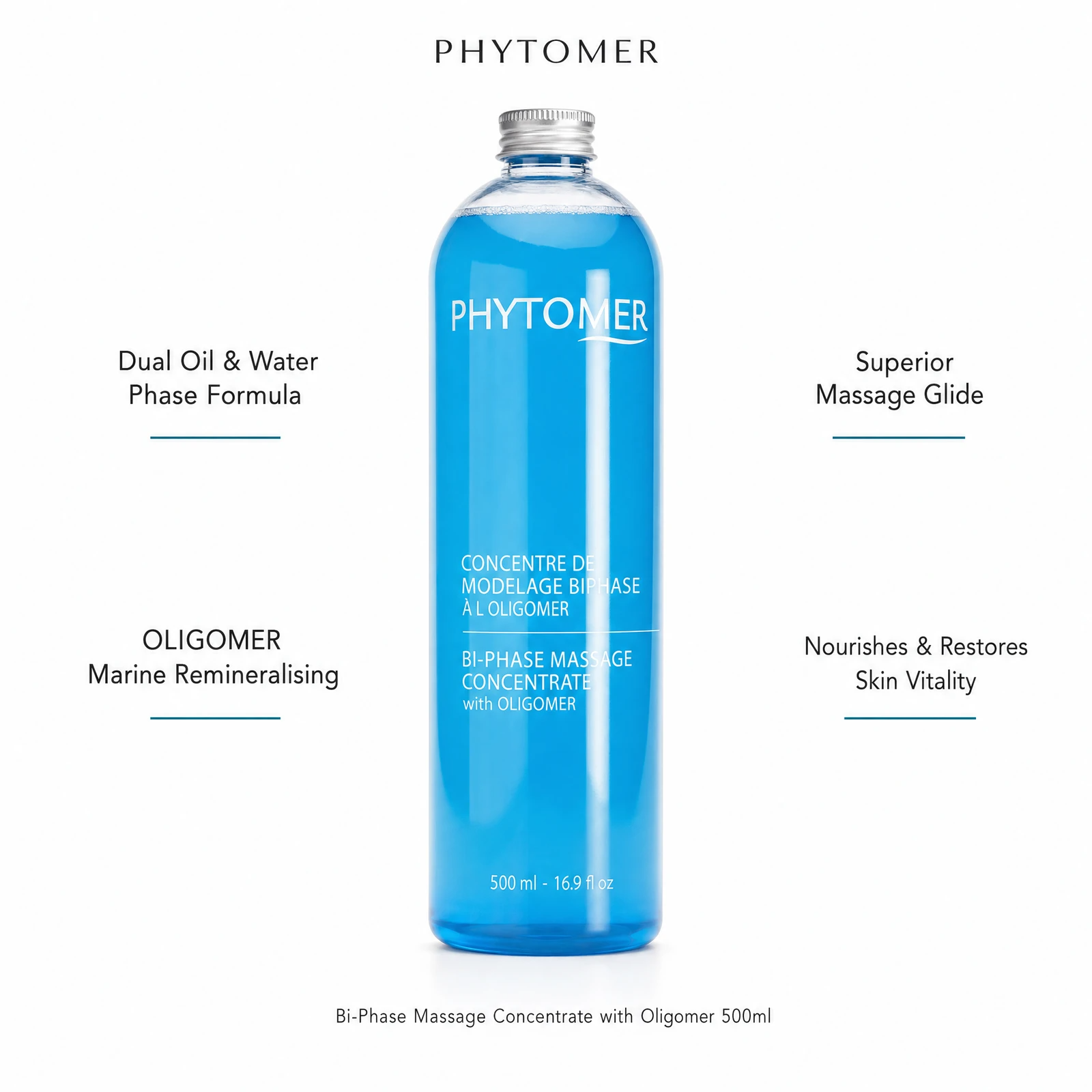 Phytomer Bi-Phase Massage Concentrate 500ml with four professional benefit callouts: Dual Oil and Water Phase Formula, OLIGOMER Marine Remineralising, Superior Massage Glide, Nourishes and Restores Skin Vitality