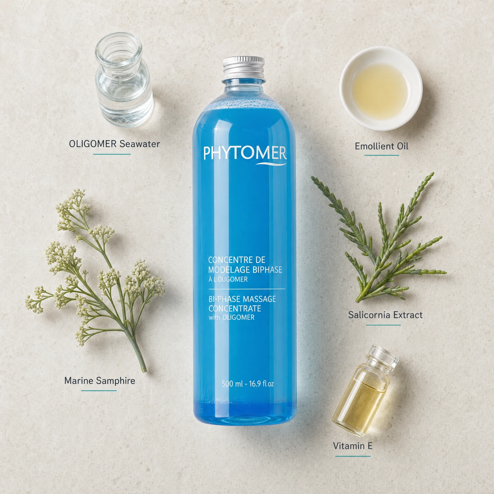 Phytomer Bi-Phase Massage Concentrate 500ml flatlay with key ingredients including OLIGOMER Seawater, Emollient Oil, Marine Samphire, Salicornia Extract and Vitamin E