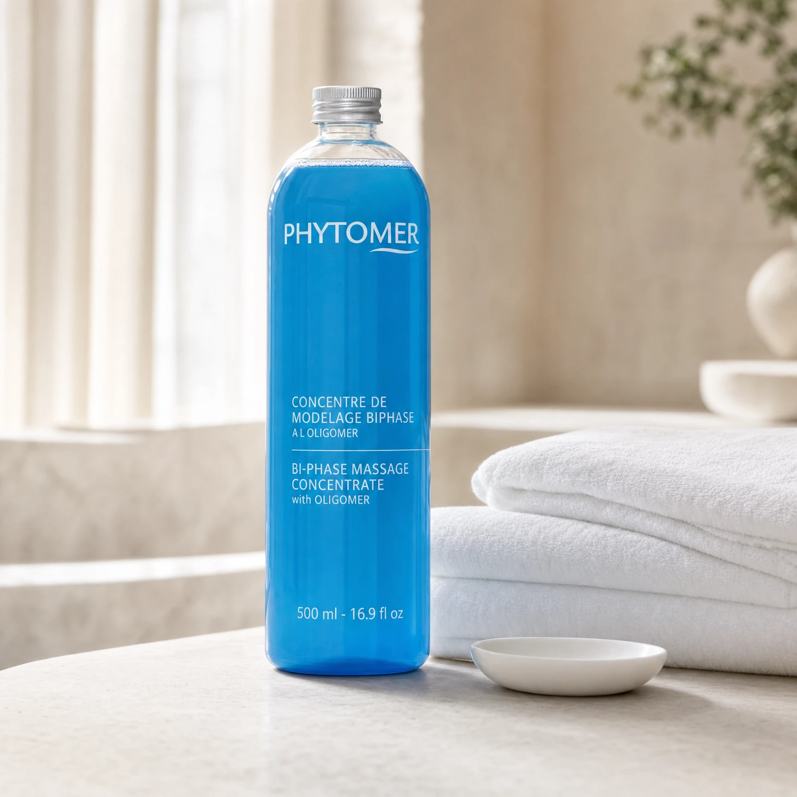 Phytomer Bi-Phase Massage Concentrate with Oligomer 500ml vivid blue bottle on a premium spa body massage treatment stone counter with white towels and ceramic dish