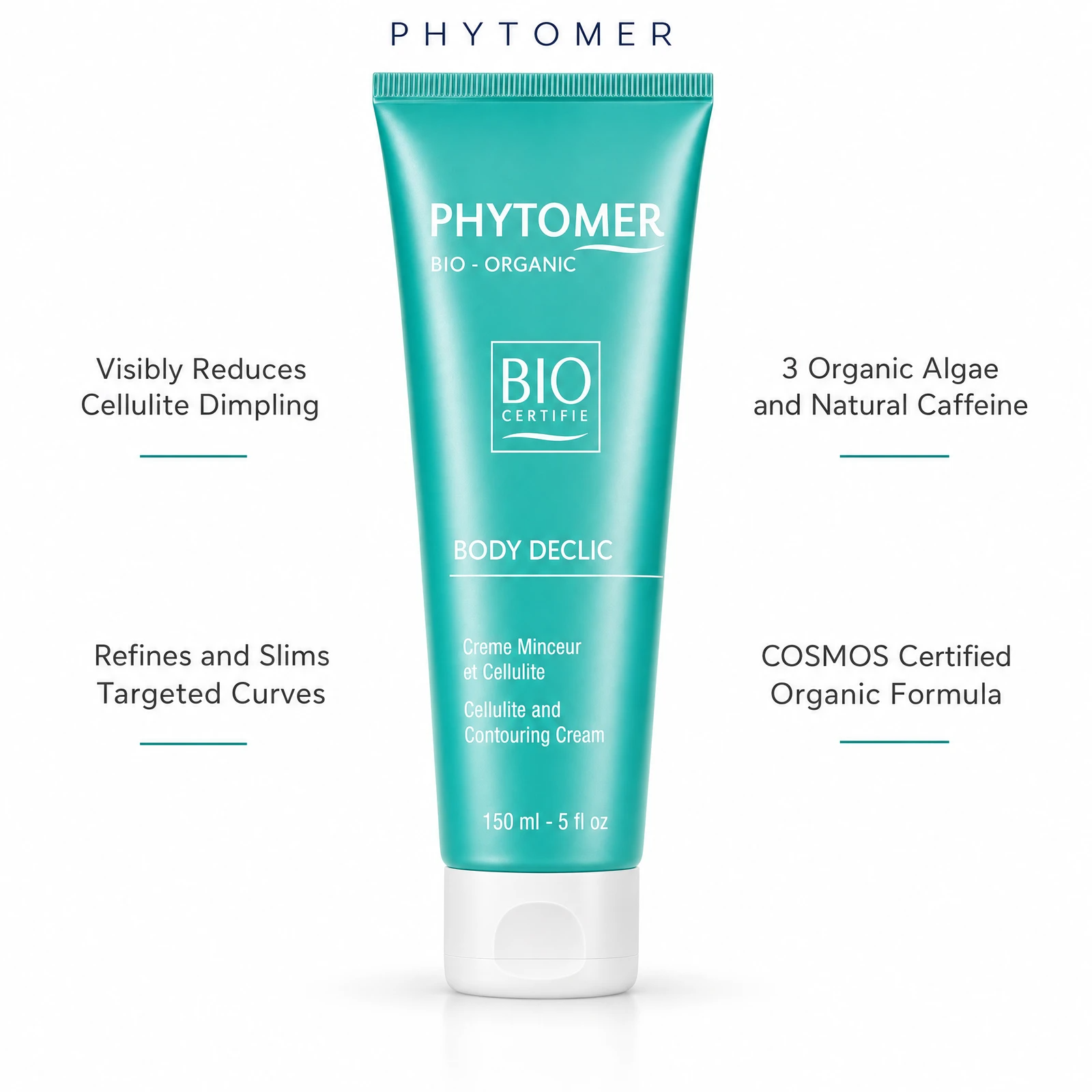 Phytomer Body Declic Cellulite and Contouring Cream 150ml with four benefit callouts: Visibly Reduces Cellulite Dimpling, Refines and Slims Targeted Curves, 3 Organic Algae and Natural Caffeine, COSMOS Certified Organic Formula