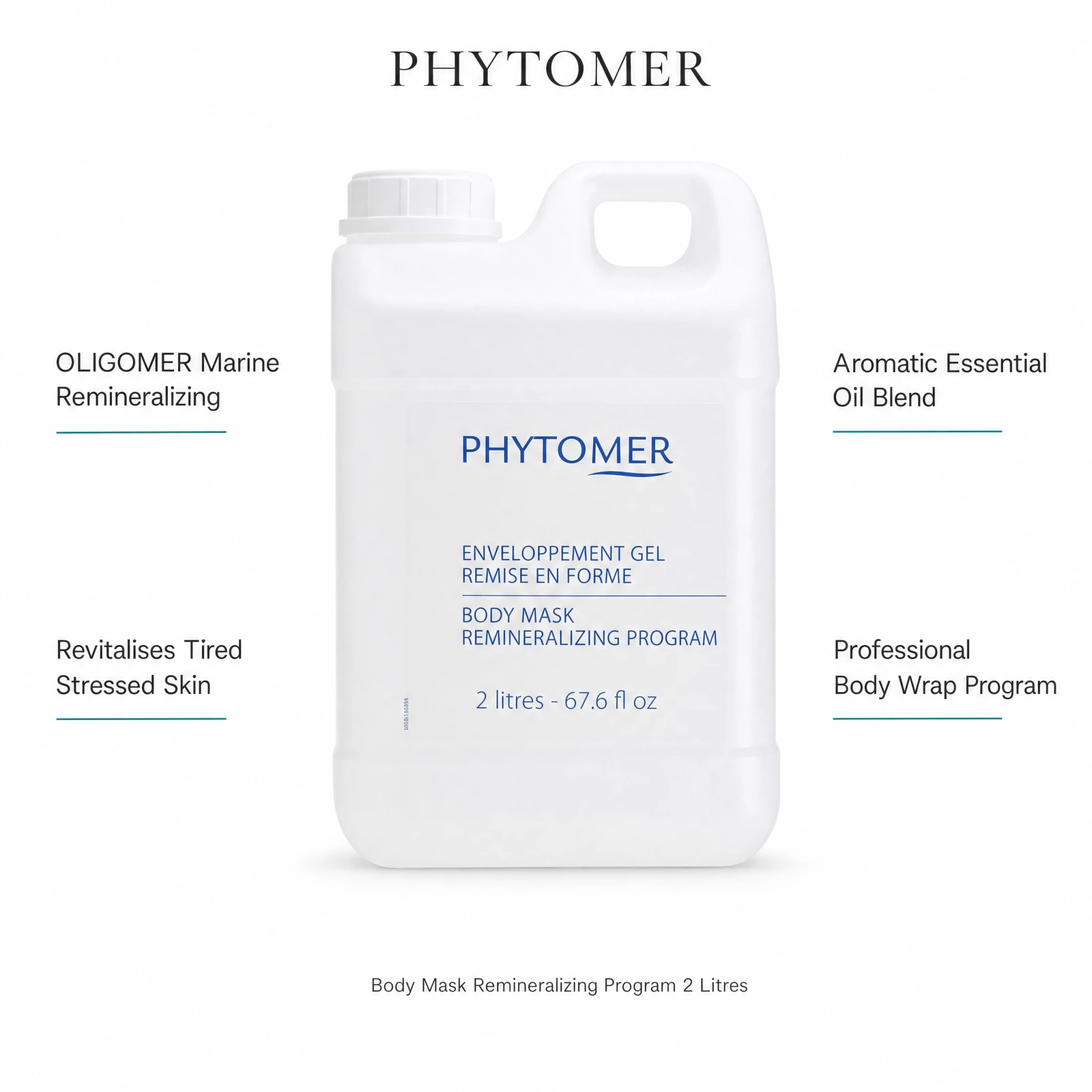 Phytomer Body Mask Remineralizing Program 2 Litre with four professional benefit callouts: OLIGOMER Marine Remineralizing, Revitalises Tired Stressed Skin, Aromatic Essential Oil Blend, Professional Body Wrap Program