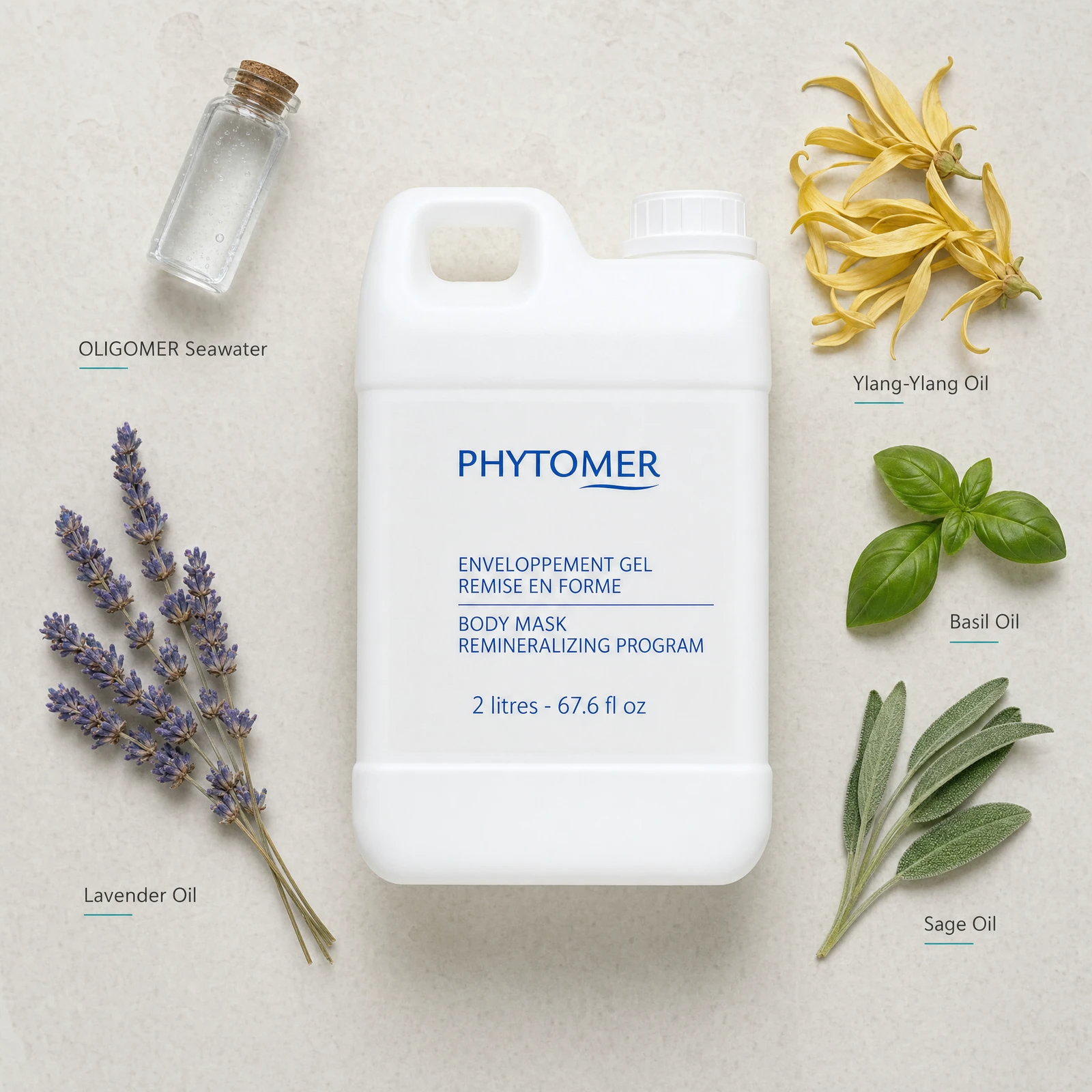 Phytomer Body Mask Remineralizing Program 2 Litre flatlay with key ingredients including OLIGOMER Seawater, Lavender Oil, Ylang-Ylang Oil, Basil Oil and Sage Oil