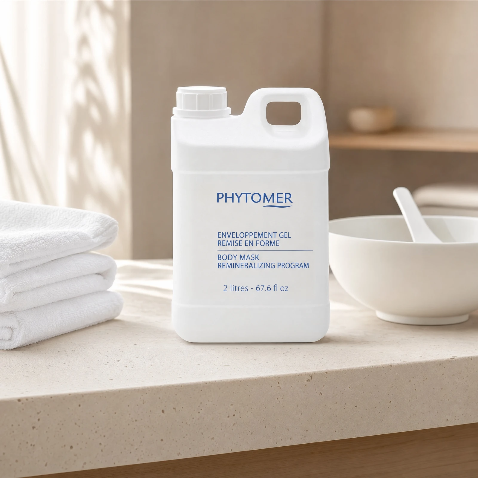 Phytomer Body Mask Remineralizing Program 2 Litre professional jerry can on a premium spa body wrap treatment stone counter with white towels and ceramic mixing bowl