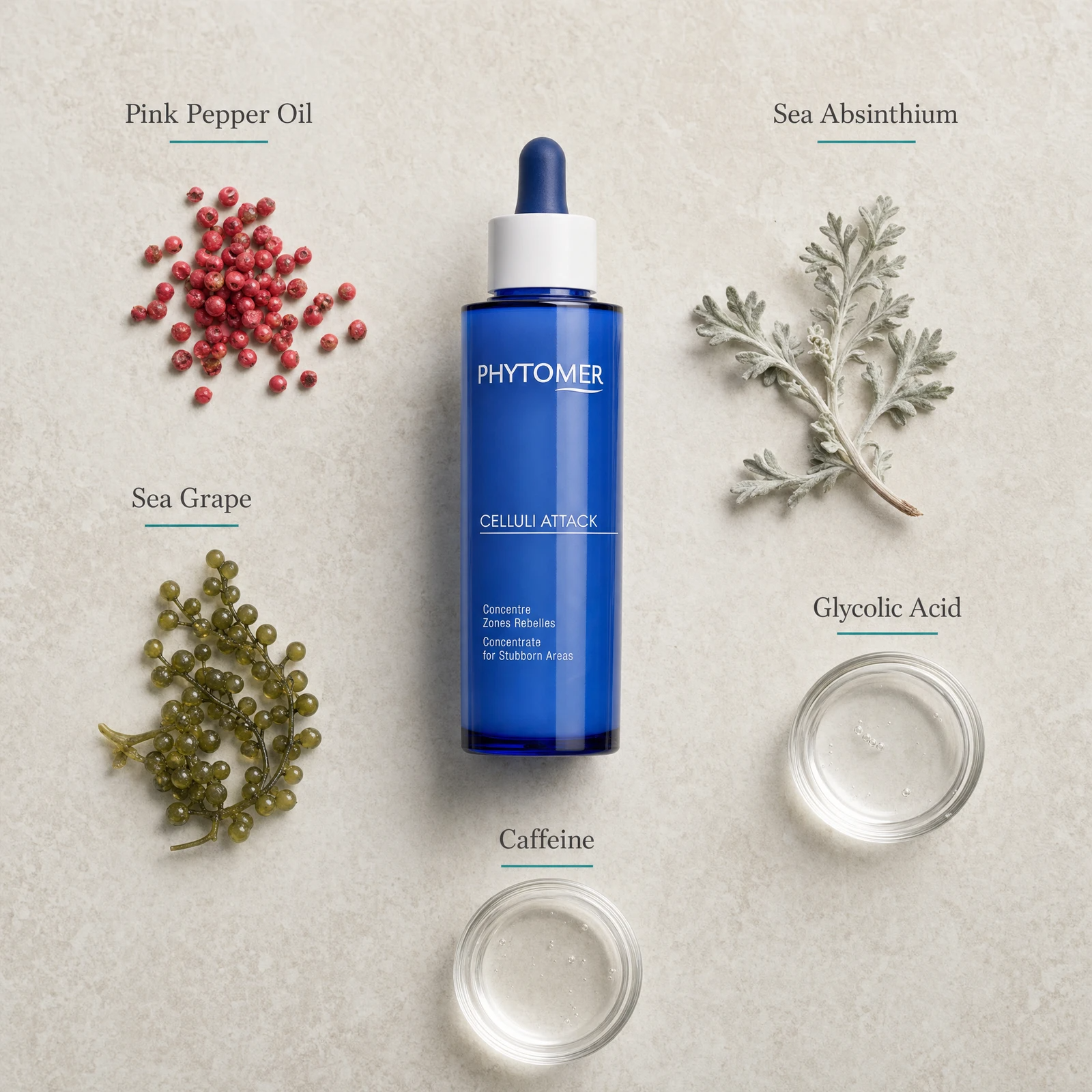 Phytomer Celluli Attack Concentrate 100ml flatlay on limestone surface with Pink Pepper Oil, Sea Absinthium, Sea Grape, Glycolic Acid, and Caffeine
