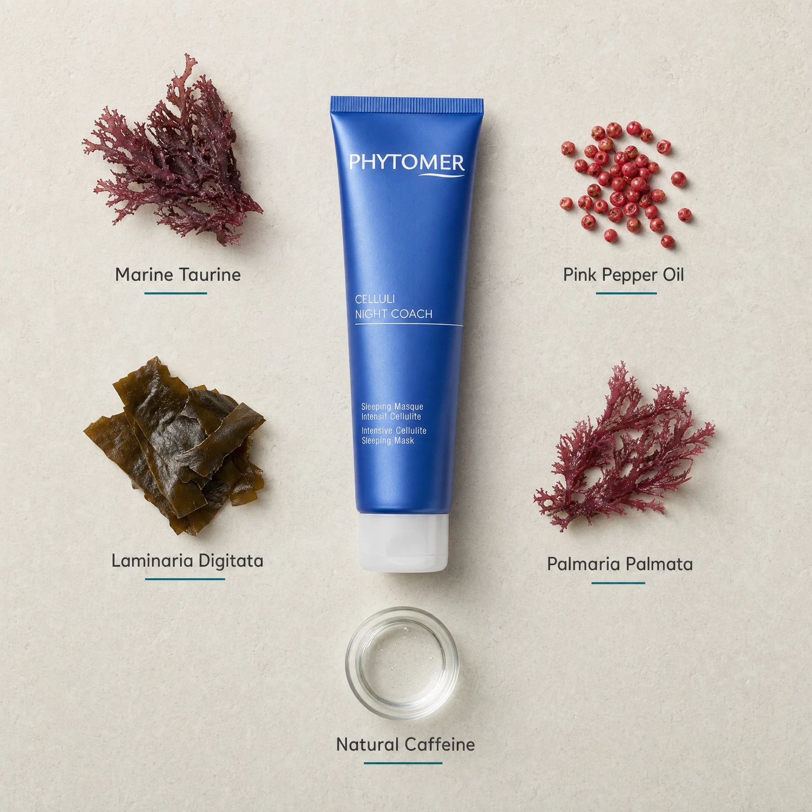 Phytomer Celluli Night Coach Intensive Cellulite Sleeping Mask 150ml flatlay on limestone surface with Marine Taurine, Pink Pepper Oil, Laminaria Digitata, Palmaria Palmata, and Natural Caffeine