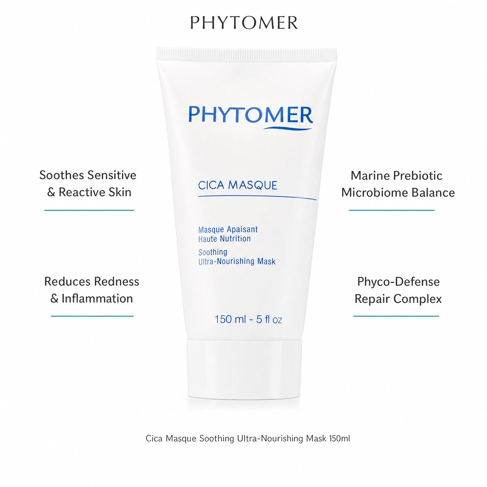 Phytomer Cica Masque 150ml with four professional benefit callouts: Soothes Sensitive and Reactive Skin, Reduces Redness and Inflammation, Marine Prebiotic Microbiome Balance, Phyco-Defense Repair Complex