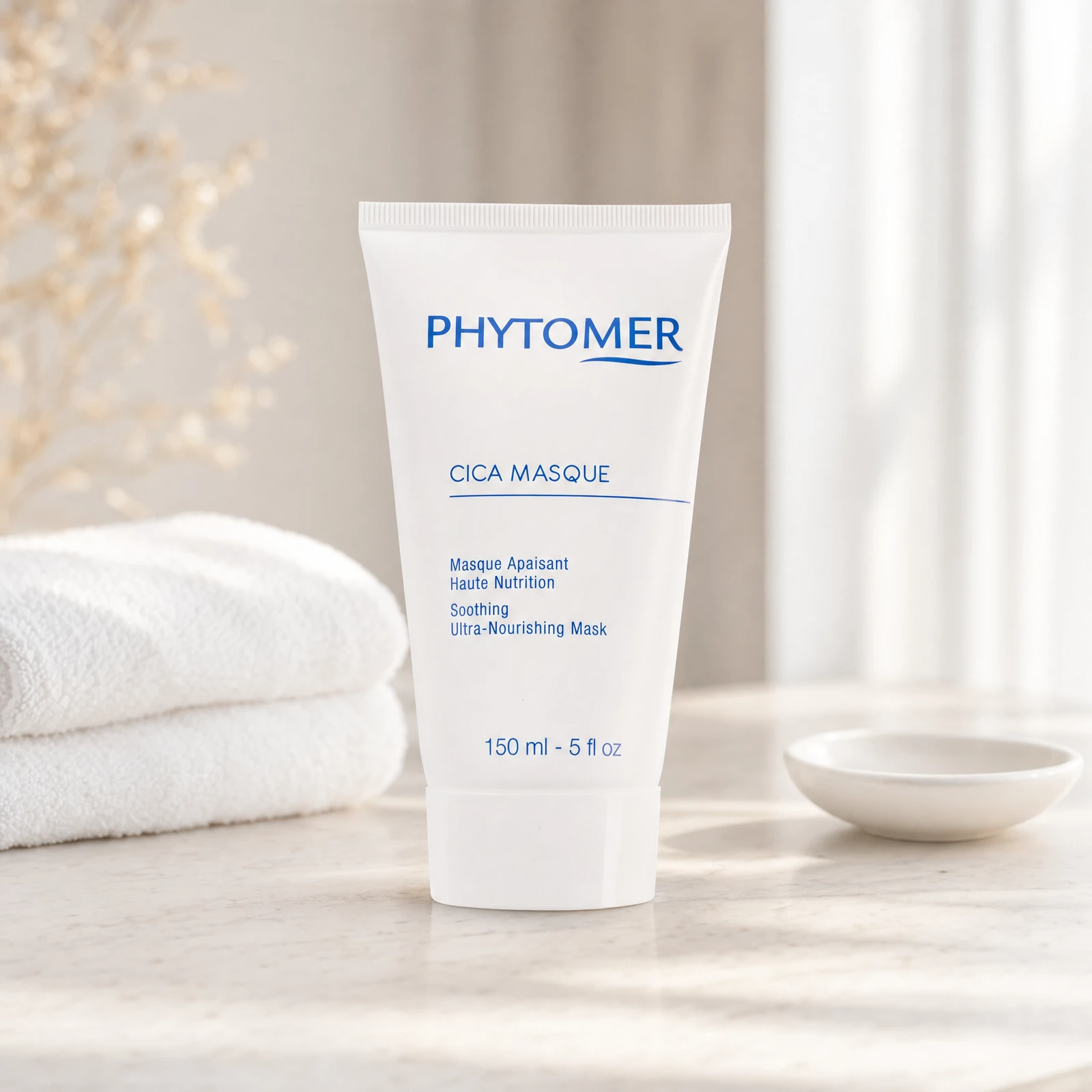 Phytomer Cica Masque Soothing Ultra-Nourishing Mask 150ml professional tube on a premium beauty clinic marble counter with white spa towels and ceramic dish