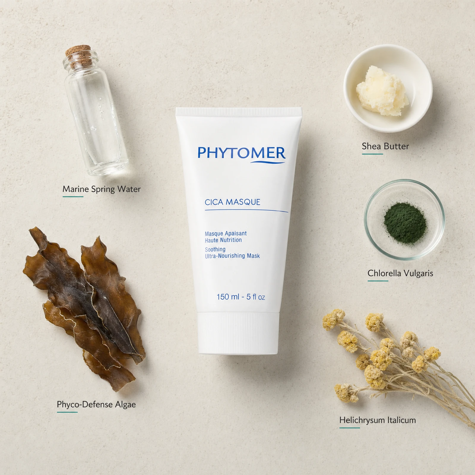Phytomer Cica Masque 150ml flatlay with key ingredients including Marine Spring Water, Phyco-Defense Algae, Shea Butter, Chlorella Vulgaris and Helichrysum Italicum