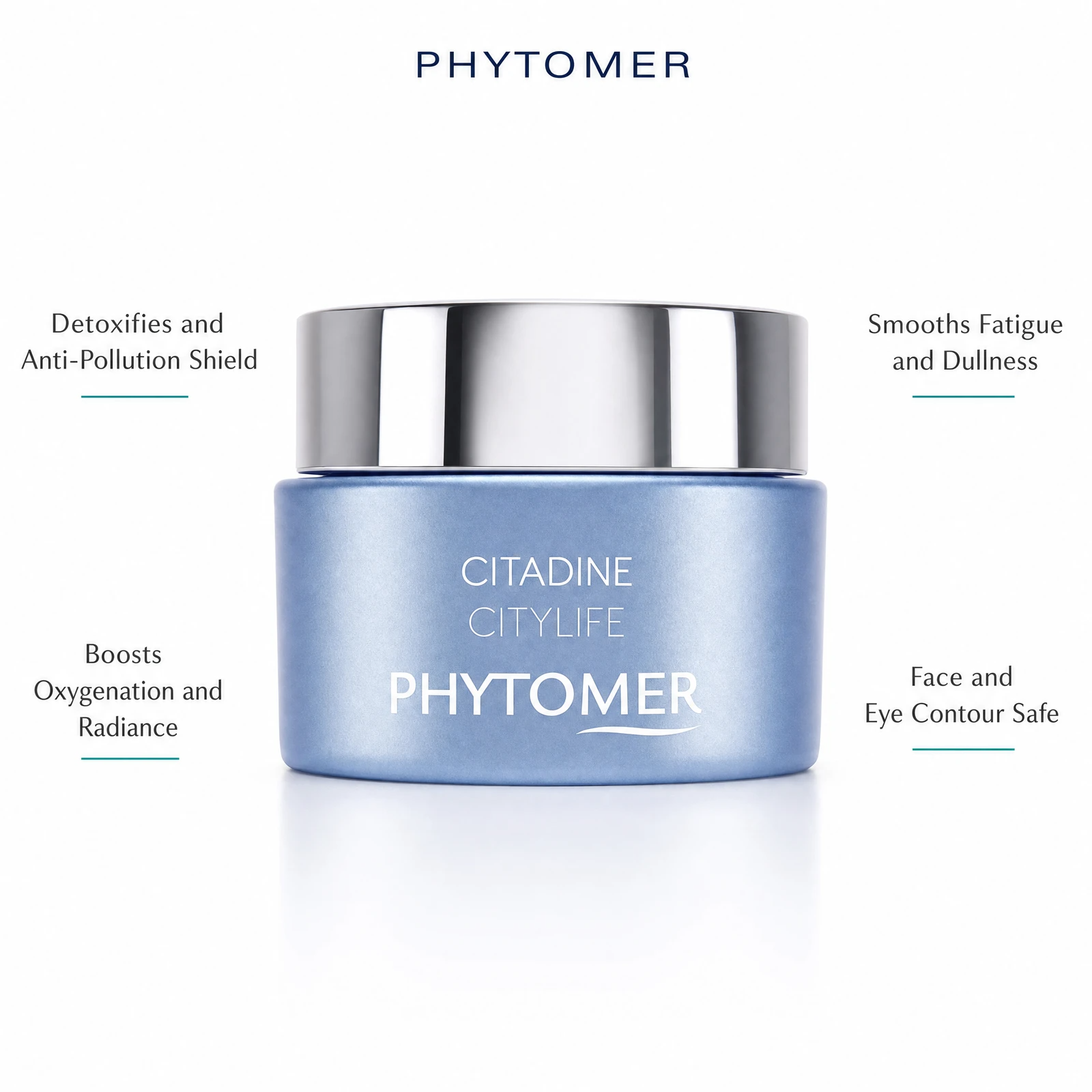 Phytomer Citadine Citylife Face and Eye Contour Sorbet Cream 50ml flatlay on limestone surface with CITYSAFE Marine Sugars, Blue Algae, Red Algae, OLIGOMER Seawater, and Natural Oils