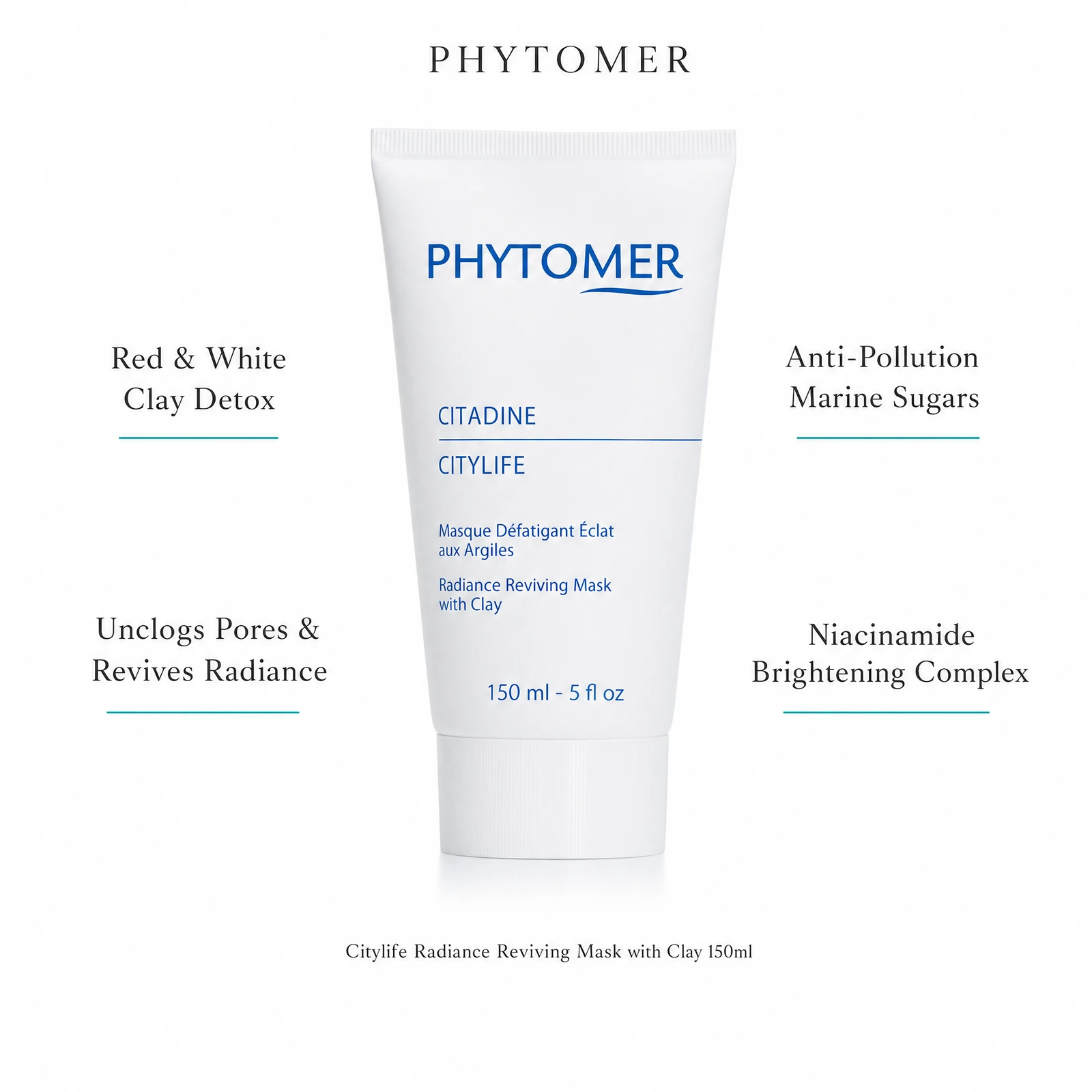 Phytomer Citylife Radiance Reviving Mask 150ml with four professional benefit callouts: Red and White Clay Detox, Unclogs Pores and Revives Radiance, Anti-Pollution Marine Sugars, Niacinamide Brightening Complex