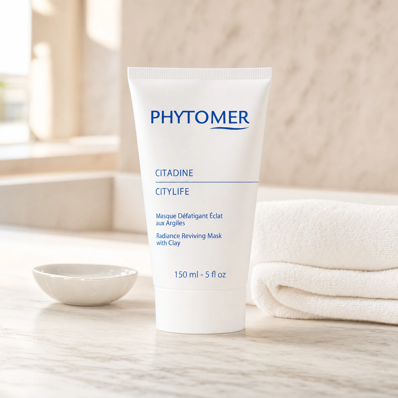 Phytomer Citadine Citylife Radiance Reviving Mask with Clay 150ml professional tube on a premium beauty clinic marble counter with white spa towels and ceramic dish