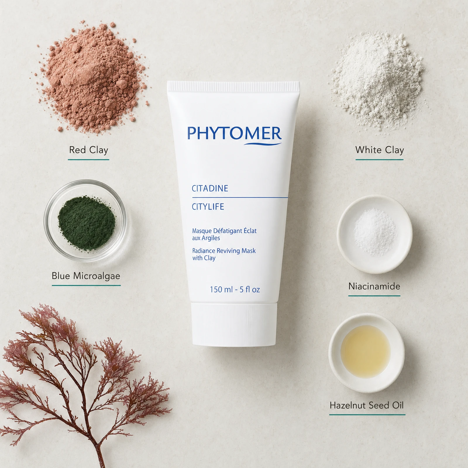 Phytomer Citylife Radiance Reviving Mask 150ml flatlay with key ingredients including Red Clay, White Clay, Blue Microalgae, Niacinamide and Hazelnut Seed Oil