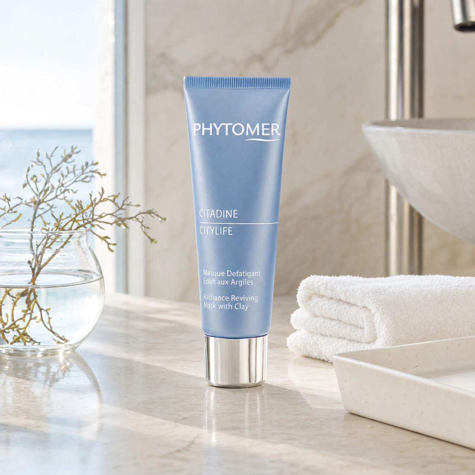 Phytomer Citadine Citylife Radiance Reviving Mask with Clay 50ml on a marble bathroom counter with coastal botanical in glass vase, chrome tap, white ceramic tray and white towels, premium at-home skincare setting